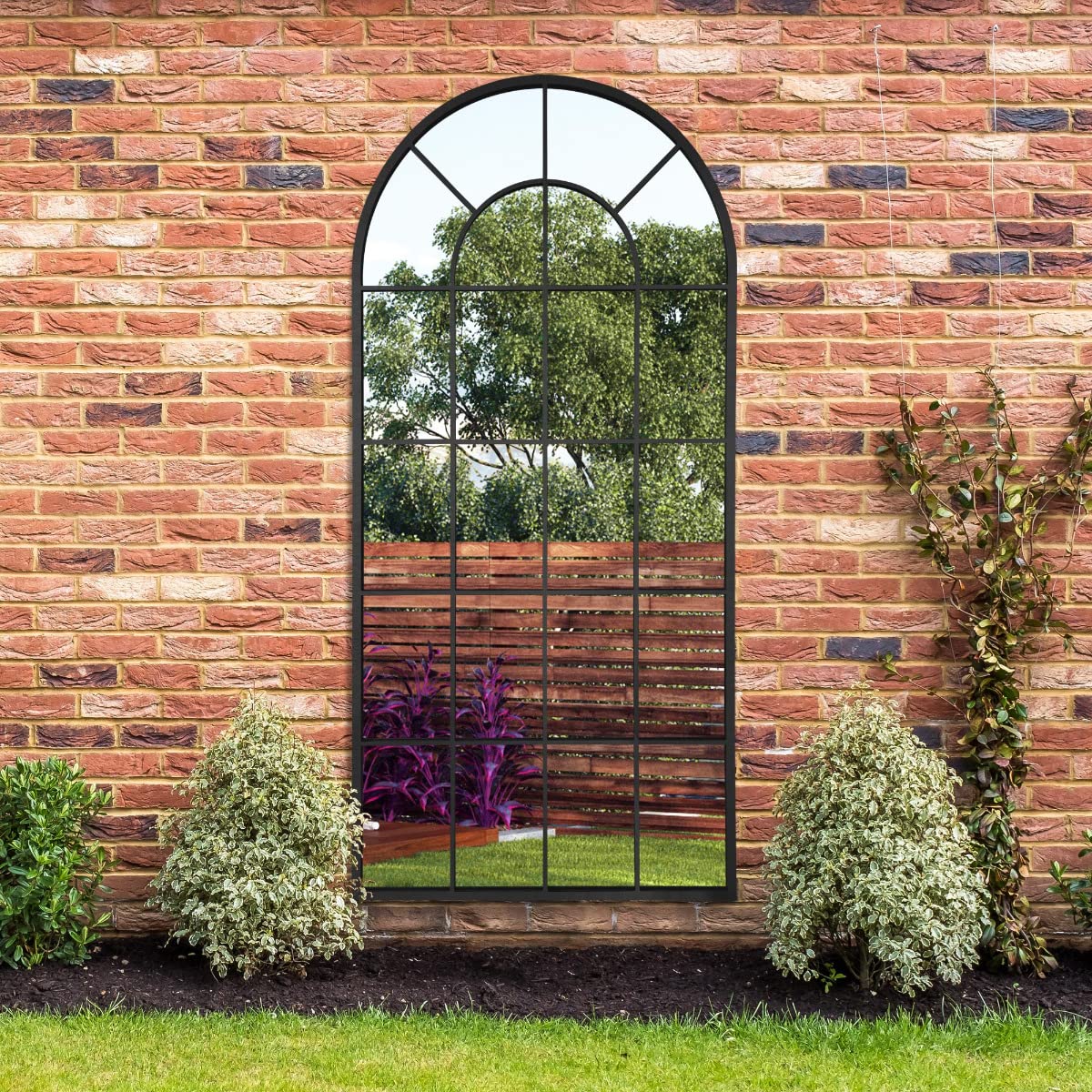 XL Black Framed Arched Window Garden Mirror 71""X33.5"" 180x85cm MirrorOutlet
