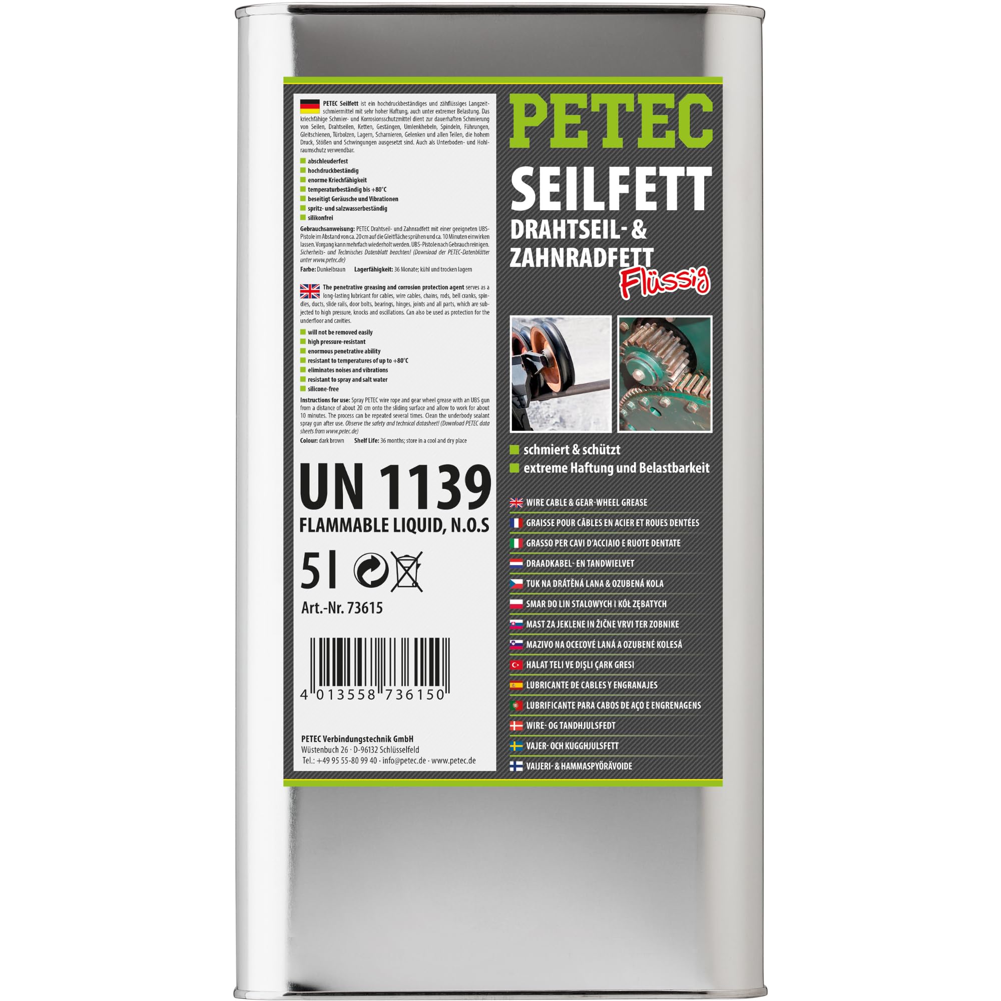 PETEC Seilfett Unterbodenschutz Hohlraum Schutz Drahtseilfett 5 Liter | Zahnradfett Schmierfett Kettenfett KFZ Korrosionsschutz Steinschlagschutz 73615