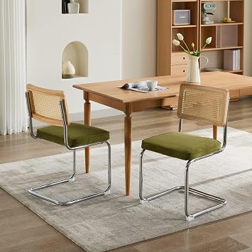 Set of 2 Mid Century Modern Velvet Dining Chairs with Natural Cane Back, Stainless Steel Chrome Base, Breuer-Inspired Design, Upholstered Rattan Kitchen Chair Olive Green