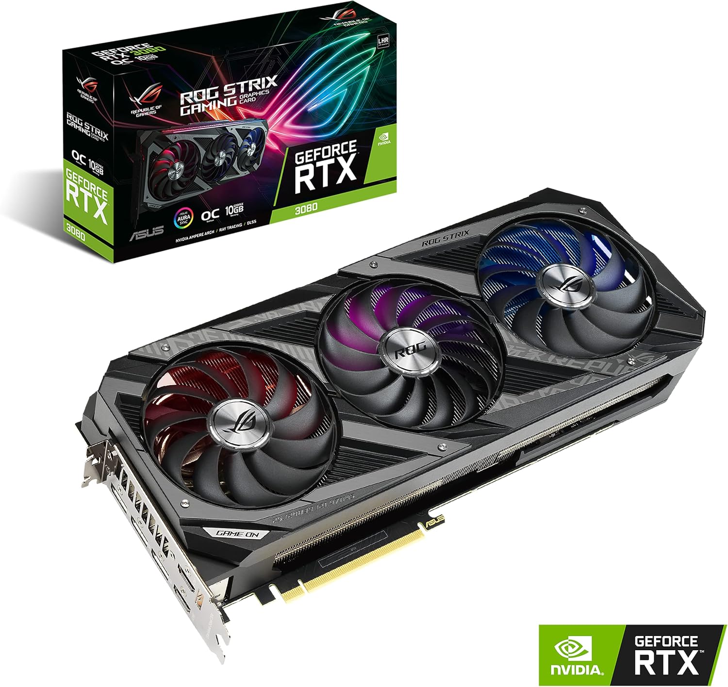 ASUS ROG Strix NVIDIA GeForce RTX 3080 V2 OC Edition Gaming Graphics Card (PCIe 4.0, 10GB GDDR6X, LHR, HDMI 2.1, DisplayPort 1.4a, Axial-tech Fan Design, 2.9-Slot, Super Alloy Power II, GPU Tweak II)