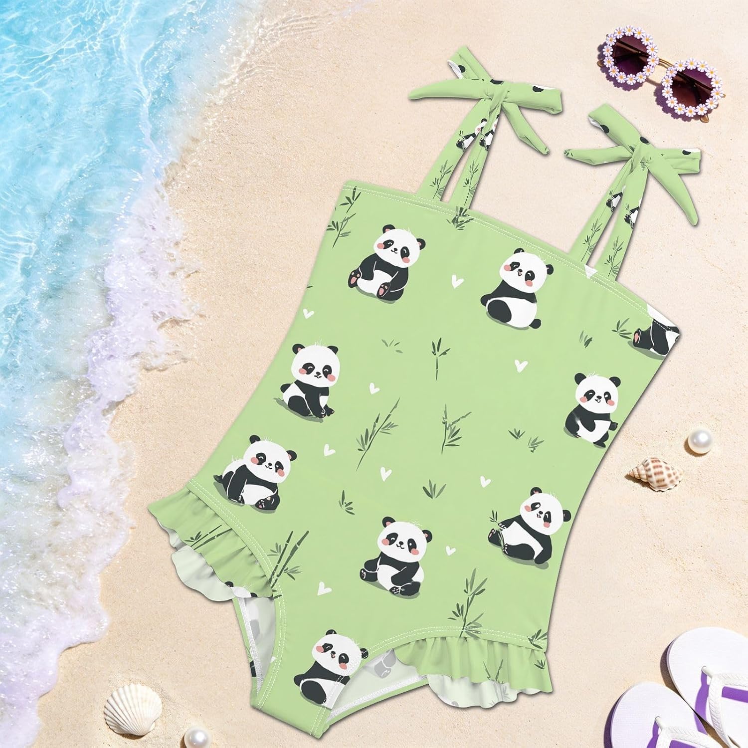 visesunny Toddler Girl Swimsuit Adjustable Strap Swimwear Panda Green Leaf Bathing Suits for Girls 18M-6Y