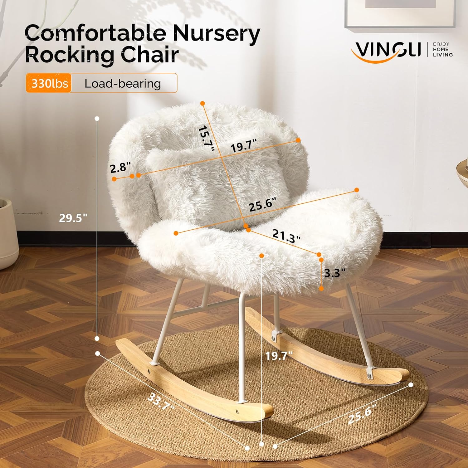 VINGLI 25.6" Extra Wide Nursery 115° Armless Rocking Chair, Curved Cute Cross-Legged Glider Chair with Pillow & Solid Wood, Nursing Chair for Bedroom, Living Room, Fluffy Fleece, White Cream