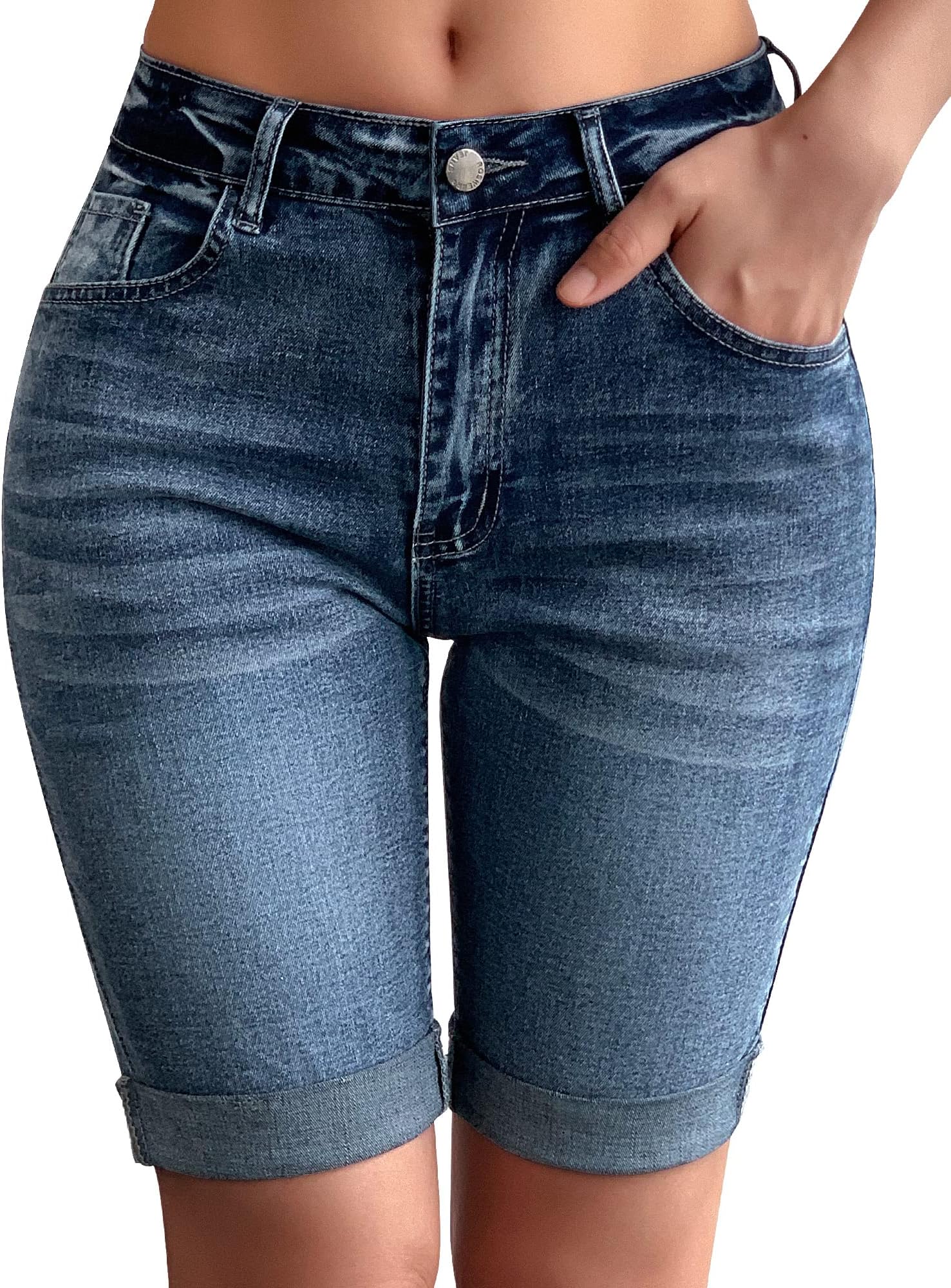 Womens Mid Rise Roll Cuff Bermuda Stretch Denim Jean Shorts