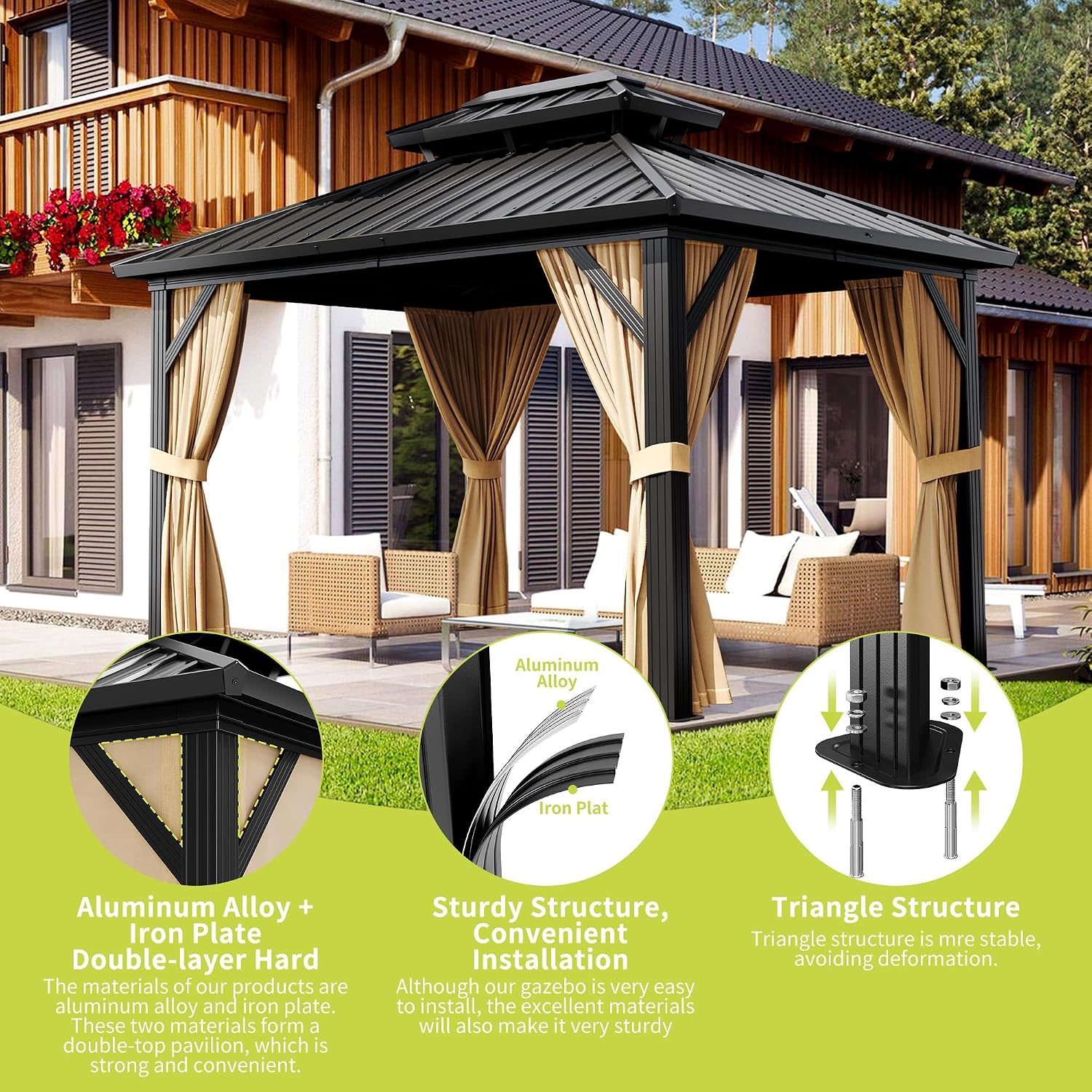 10x12 FT Hardtop Gazebo with Double Galvanized Steel Roof, Heavy-Duty Aluminum & Iron Frame, Mosquito Netting and Privacy Curtains, All-Weather Outdoor Pavilion for Patio Backyard Garden Deck, Khaki thumbnail