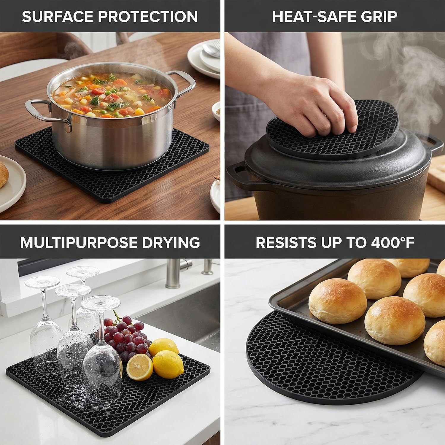 4 Pack Silicone Trivets for Hot Dishes, Heat-Resistant Non-Slip Hot Pads for Kitchen Countertops and Tables, Food-Grade Thick Silicone Mats (Black)