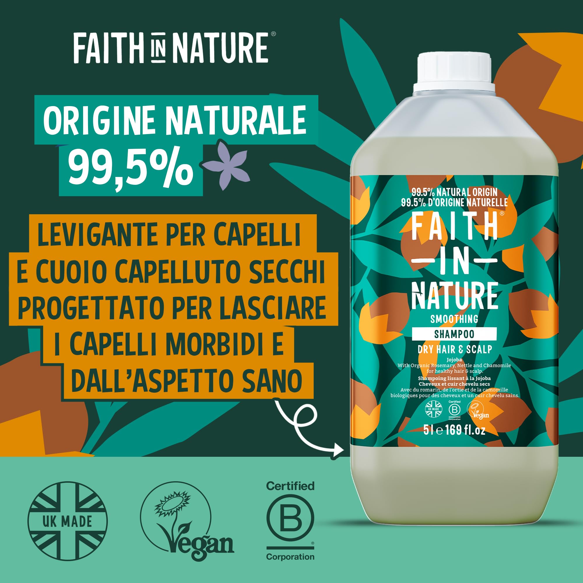 Faith In Nature Balsamo Naturale Jojoba, Lisciatore per Capelli e Cuoio Capelluto Secchi, Vegano e Cruelty Free, Senza SLS, Siliconi o Parabeni, Confezione Ricarica 5L