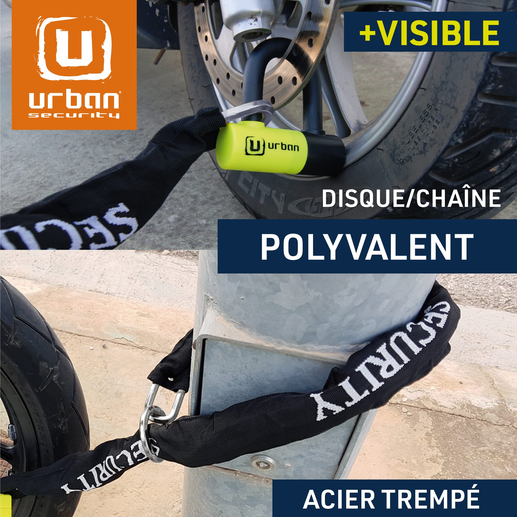 URBAN UR59120 Bloque Disque Mini U, Chaine Moto Antivol Haute Sécurité, ø13.5mm 120cm, Chaîne Antivol Acier Trempé, Boucle, Ancrage Parking, Verrouillage Scooter, Blocage Velo Electrique