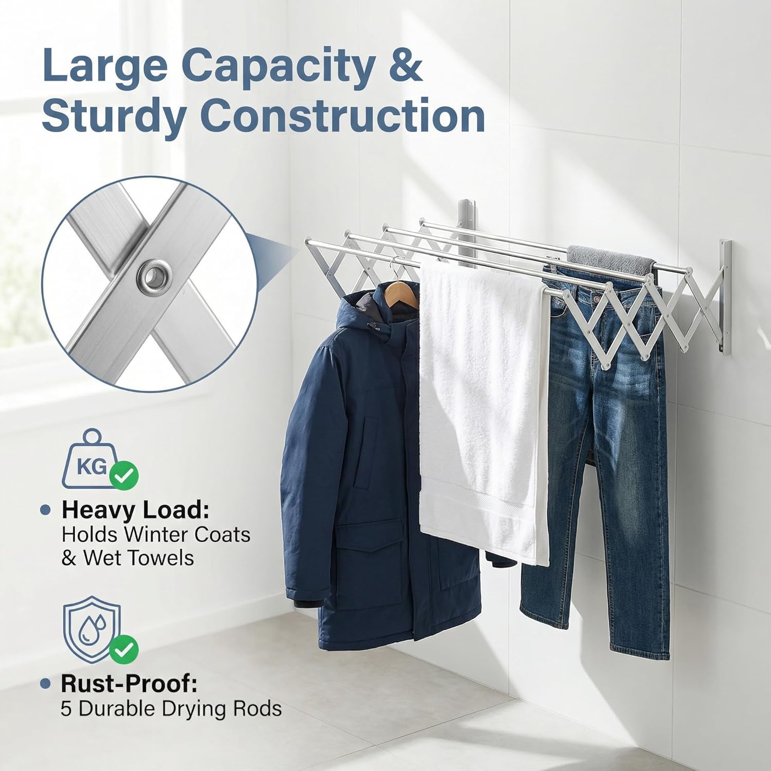 Laundry Drying Rack Wall Mount - Towel Rack Collapsible, Retractable Drying Rack Easy Install Space Saving with 5 Drying Rods