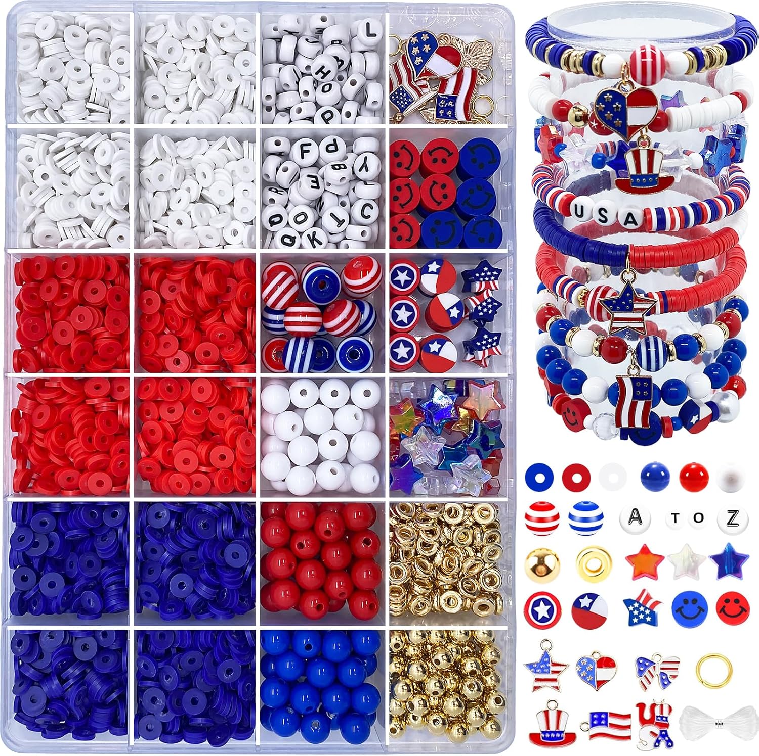 Red White Blue Beads Bracelet Making Kit, 3000＋ 4th of July Clay Beads Heishi Round Acrylic Gold Spacer Letter Bead for Jewelry Making Kit with Charms