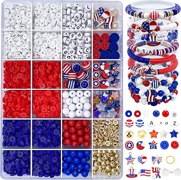 Red White Blue Beads Bracelet Making Kit, 3000+ 4th of July Clay Beads Heishi Round Acrylic Gold Spacer Letter Bead for Jewelry Making Kit with Charms