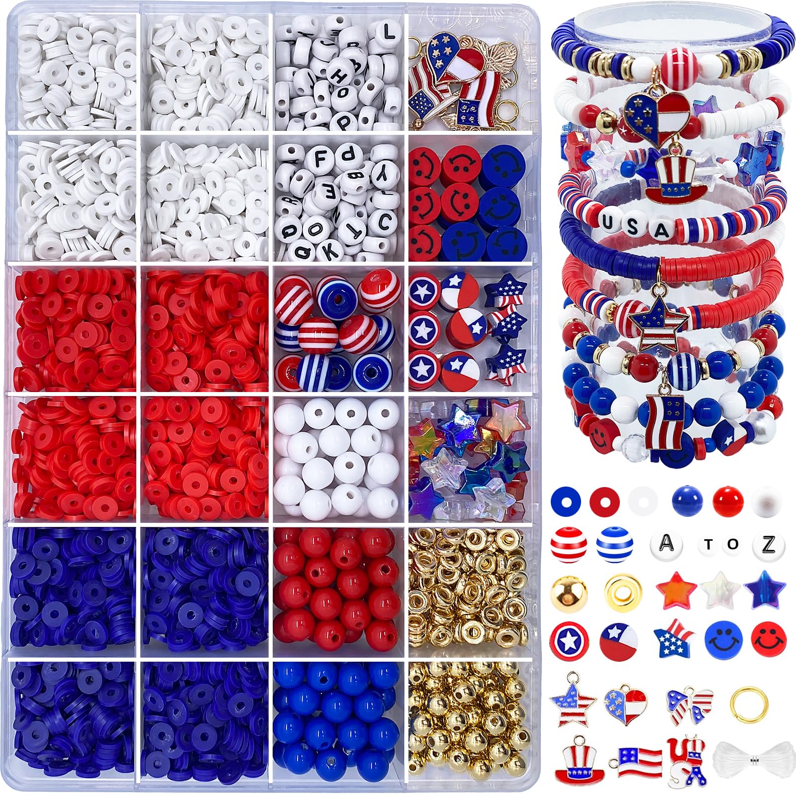 Red White Blue Beads Bracelet Making Kit, 3000＋ 4th of July Clay Beads Heishi Round Acrylic Gold Spacer Letter Bead for Jewelry Making Kit with Charms