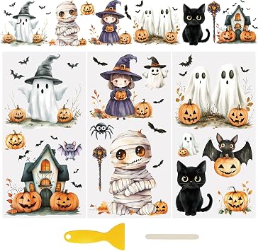 WANDIC 3 Sheets Halloween Ghosts UV Rub On Transfer Stickers,Scrapbook Decals Waterproof Stickers DIY Decals for Decoration,15 * 30cm