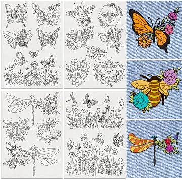 18Pcs Insects Flying in Flowers Embroidery Pattern Stabilizers, 8.3"x11.7" Butterfly Dragonfly Bee Water Soluble Stick and Stitch Embroidery Sticker, 4 Sheets Hand Sewing DIY Embroidery Paper