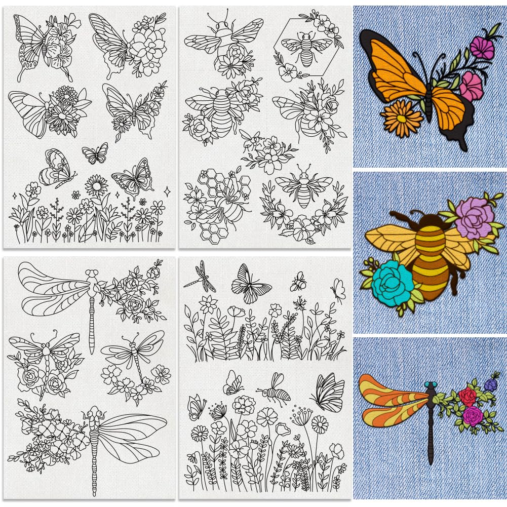 18Pcs Insects Flying In Flowers Embroidery Pattern Stabilizers, 8.3”x11.7” Butterfly Dragonfly Bee Water Soluble Stick and Stitch Embroidery Sticker, 4 Sheets Hand Sewing DIY Embroidery Transfer Paper
