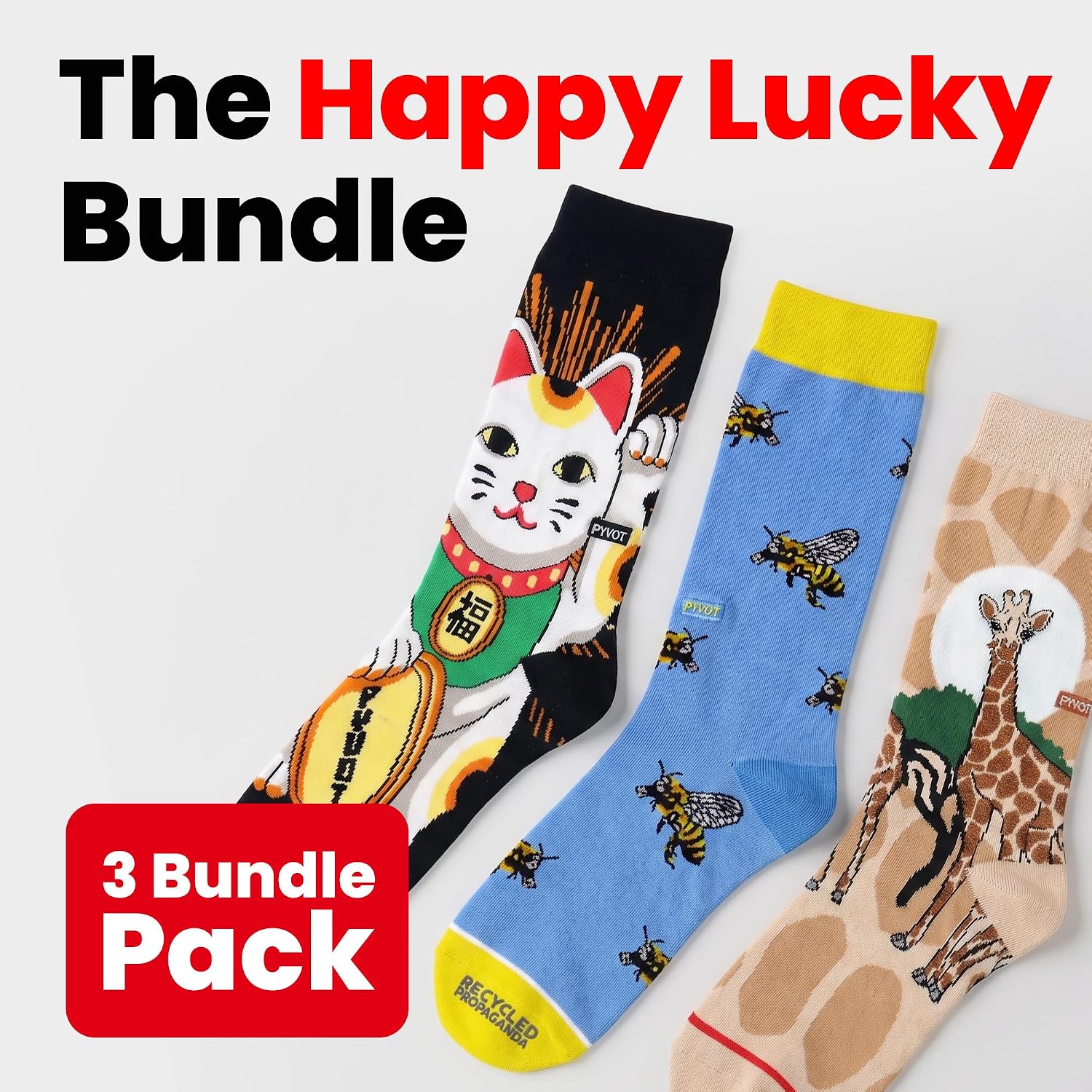 PYVOT Artist Series Animal Bundle 3-Pack, Premium Wildlife Novelty Socks Crew Socks for Men and Women, Owly Night Sky, Turtle Tide, Spotty Giraffe Patterns, Combed Cotton, Heavy Cushion, 3 Pairs