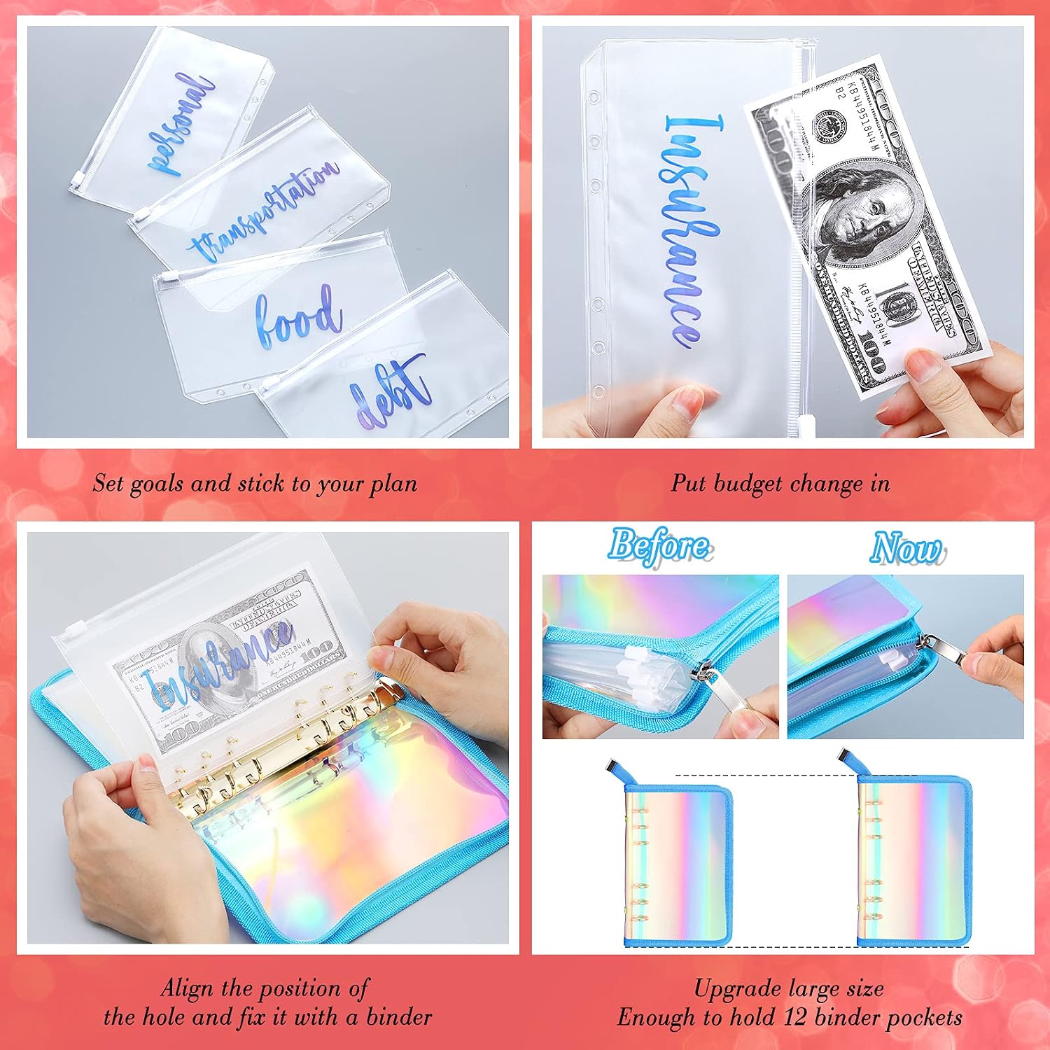 13 Pieces Rainbow Soft PVC Notebook Cover Binder Budget Envelopes System Budget Planner Organizer 6-Ring Binder Cover with Binder Zipper Pockets Binder Zipper Folder (Laser Blue,A6)