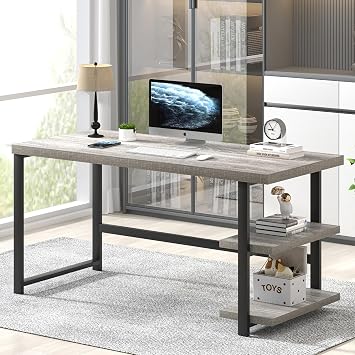 Computer Desk, Modern Home Office Desk with Shelves, Wood Writing Study Gaming Table for Living Room Bedroom, Light Grey, 53 inch