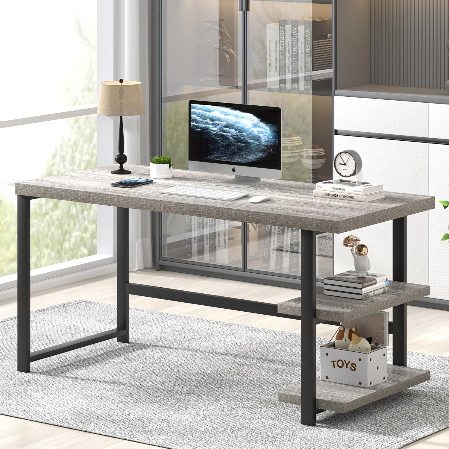 FOLUBAN Computer Desk, Modern Home Office Desk with Shelves, Wood Writing Study Gaming Table for Living Room Bedroom, Light Grey, 53 inch