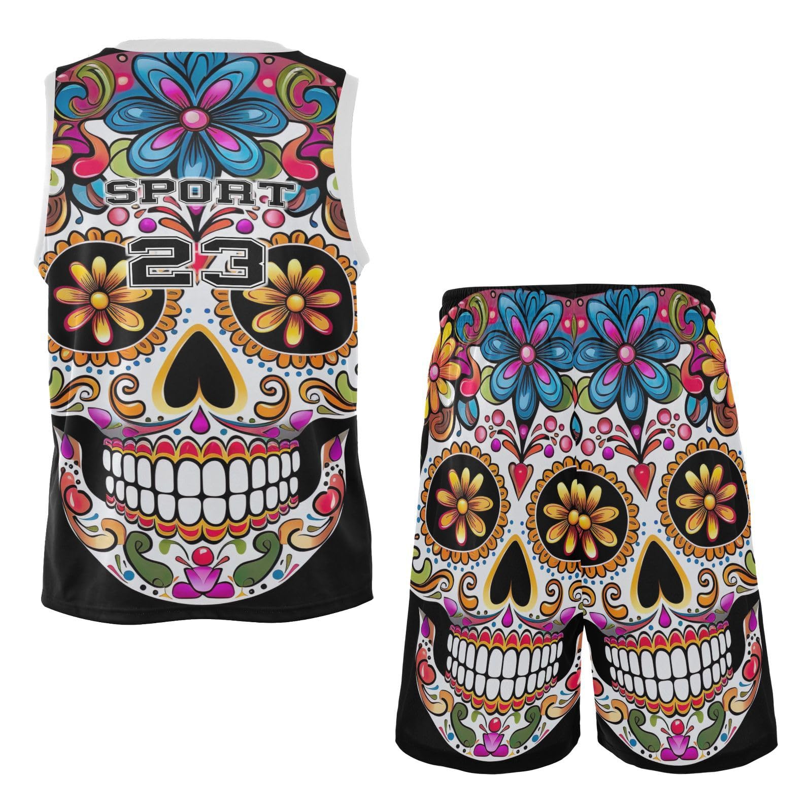 FLildon Mexican Sugar Skull Boys Basketball Jersey Set Tank Top Shorts Tracksuit Sport Training Suit for Kids, XL