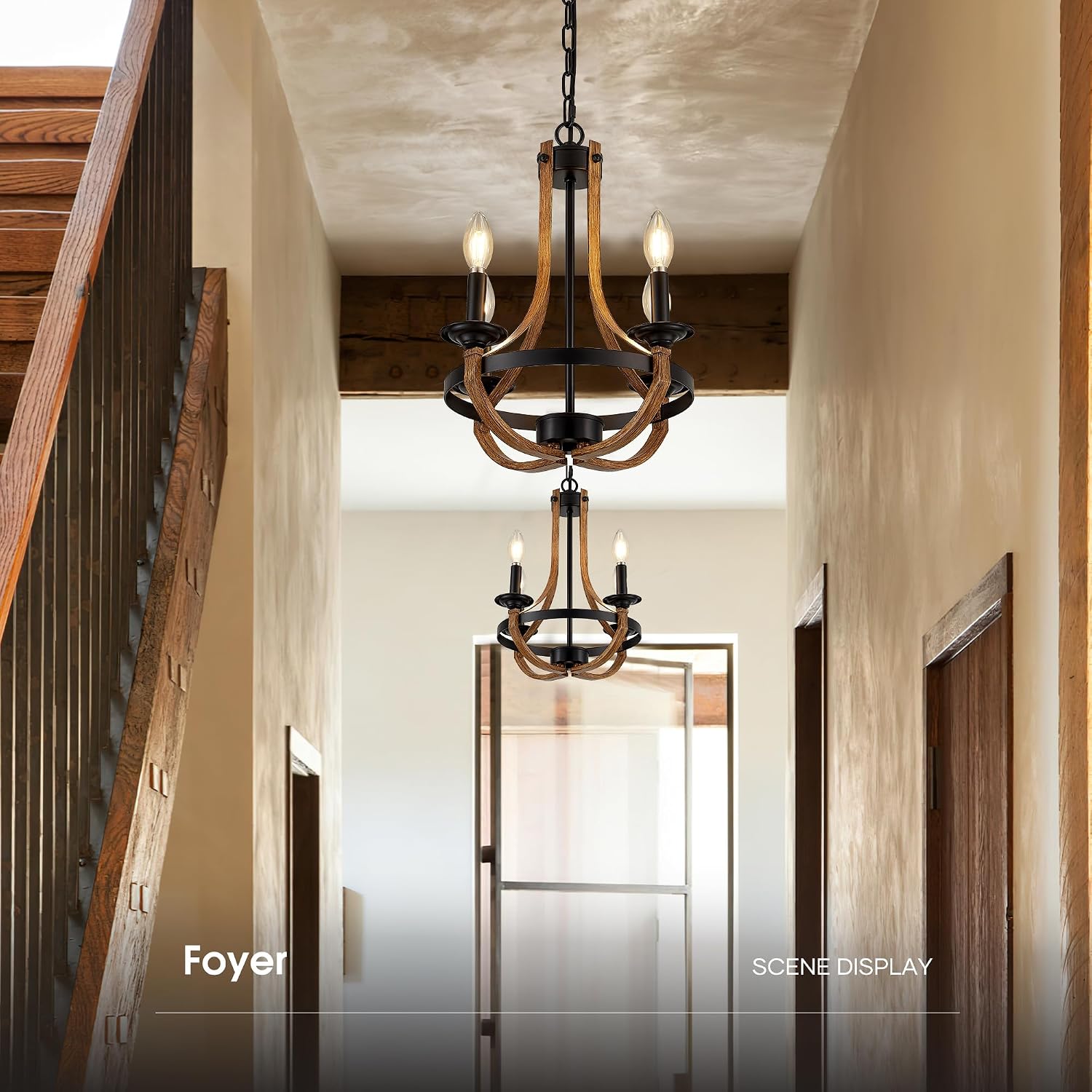 Farmhouse Chandeliers for Dining Room, 4-Light 15 inch Rustic Candle Ceiling Light Fixture, Faux Wood Texture Chandelier for Hallway Foyer Entryway Kitchen Island Bedroom