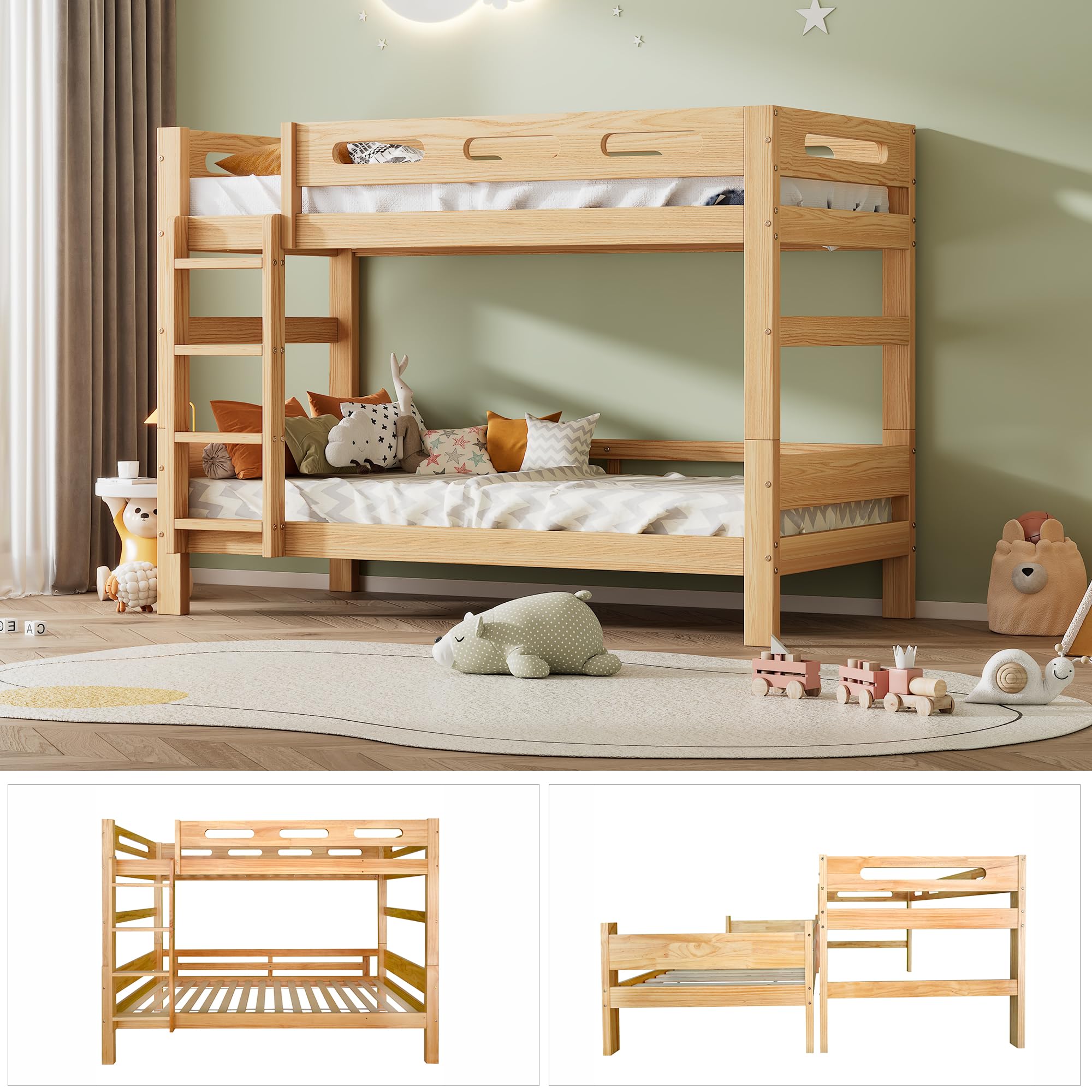Idemon Letto a castello per bambini e ragazzi, letto suddiviso in 2 letti singoli, robusto telaio in legno di pino, montaggio semplice, naturale, 90 x 200 cm