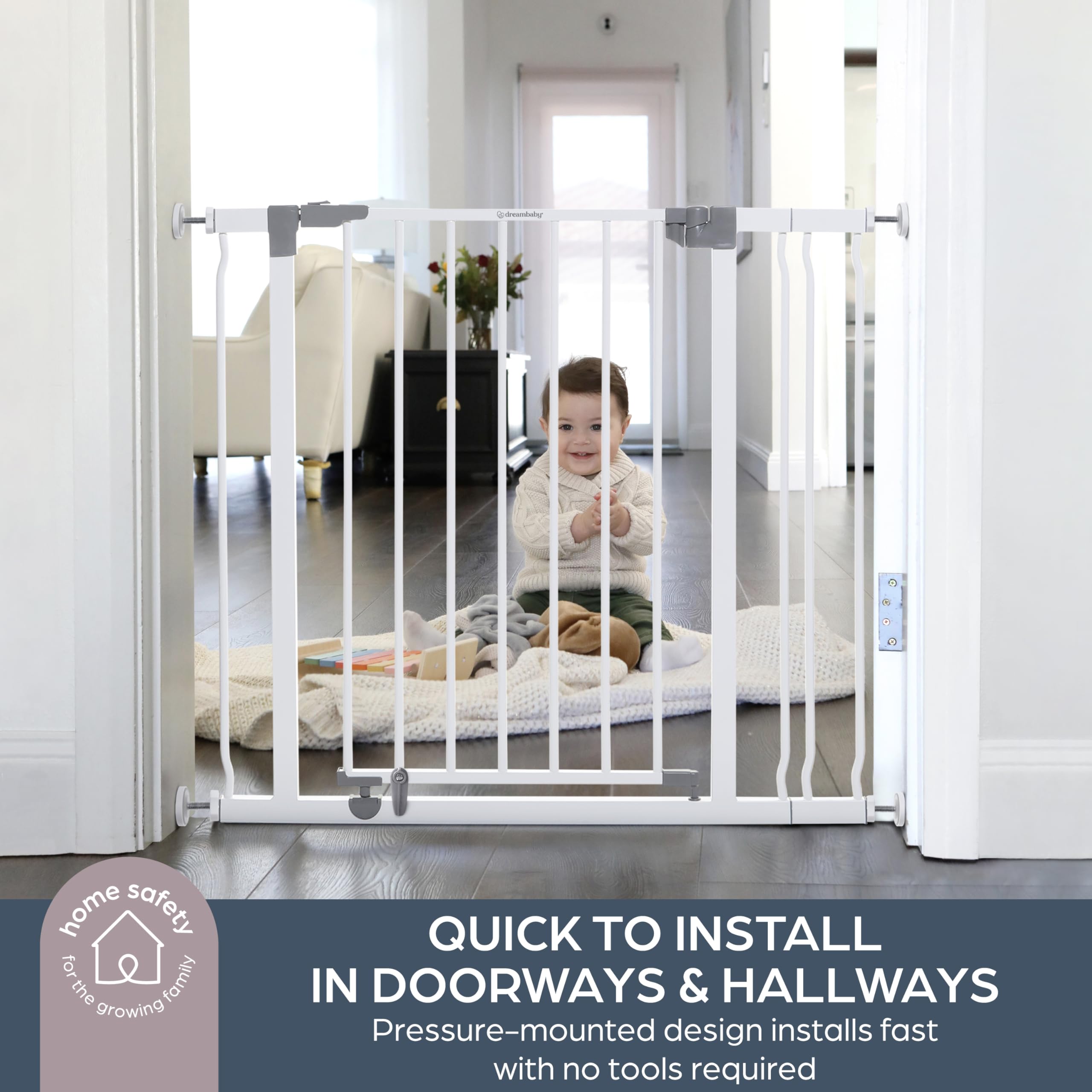 Dreambaby Liberty Walk Thru - Juego de Puerta de Seguridad para bebés, con Panel de extensión de 3.5 Pulgadas, se Adapta a Aberturas de 29.5 a 36.5 Pulgadas, Puertas de Seguridad montadas a presión