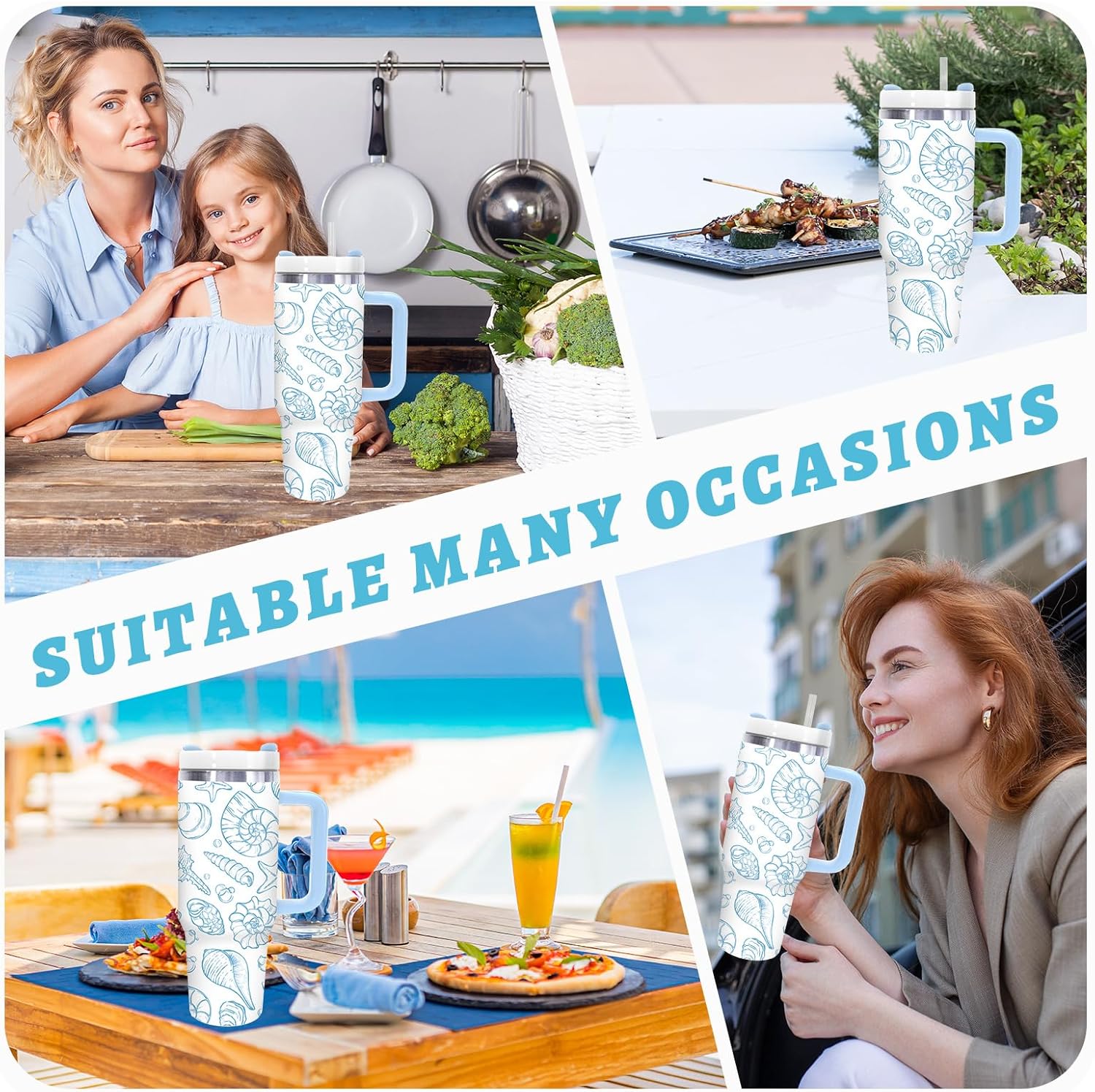 JarThenaAMCS 1 Pc Ocean Tumbler with Handle Lid Straw 40 Oz Seashell Starfish Stainless Steel Travel Tumbler Cup for Iced Coffee Party Favor - Image 7