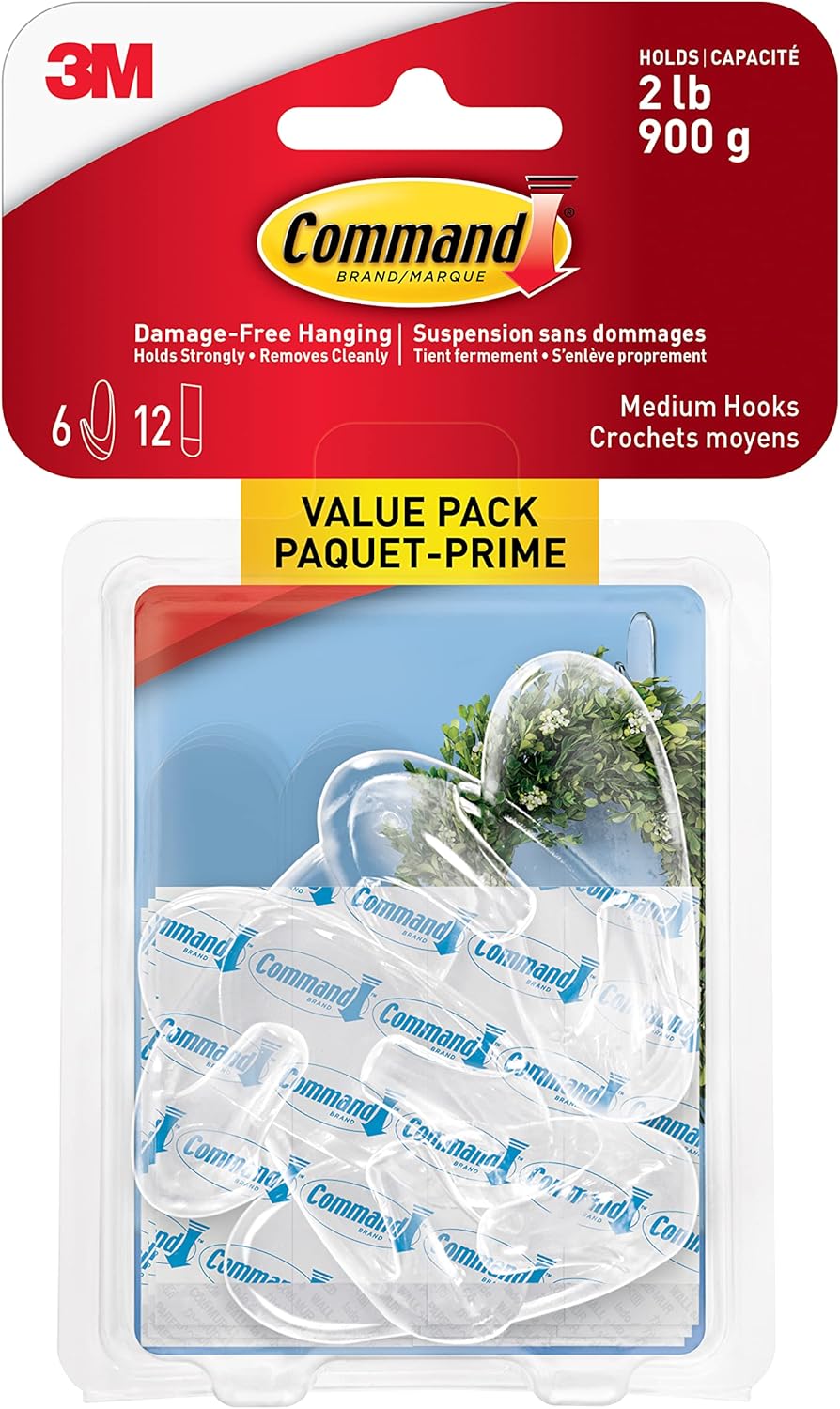Command Clear Hooks Value Pack, Medium, 6 Hooks 12 Medium Strips