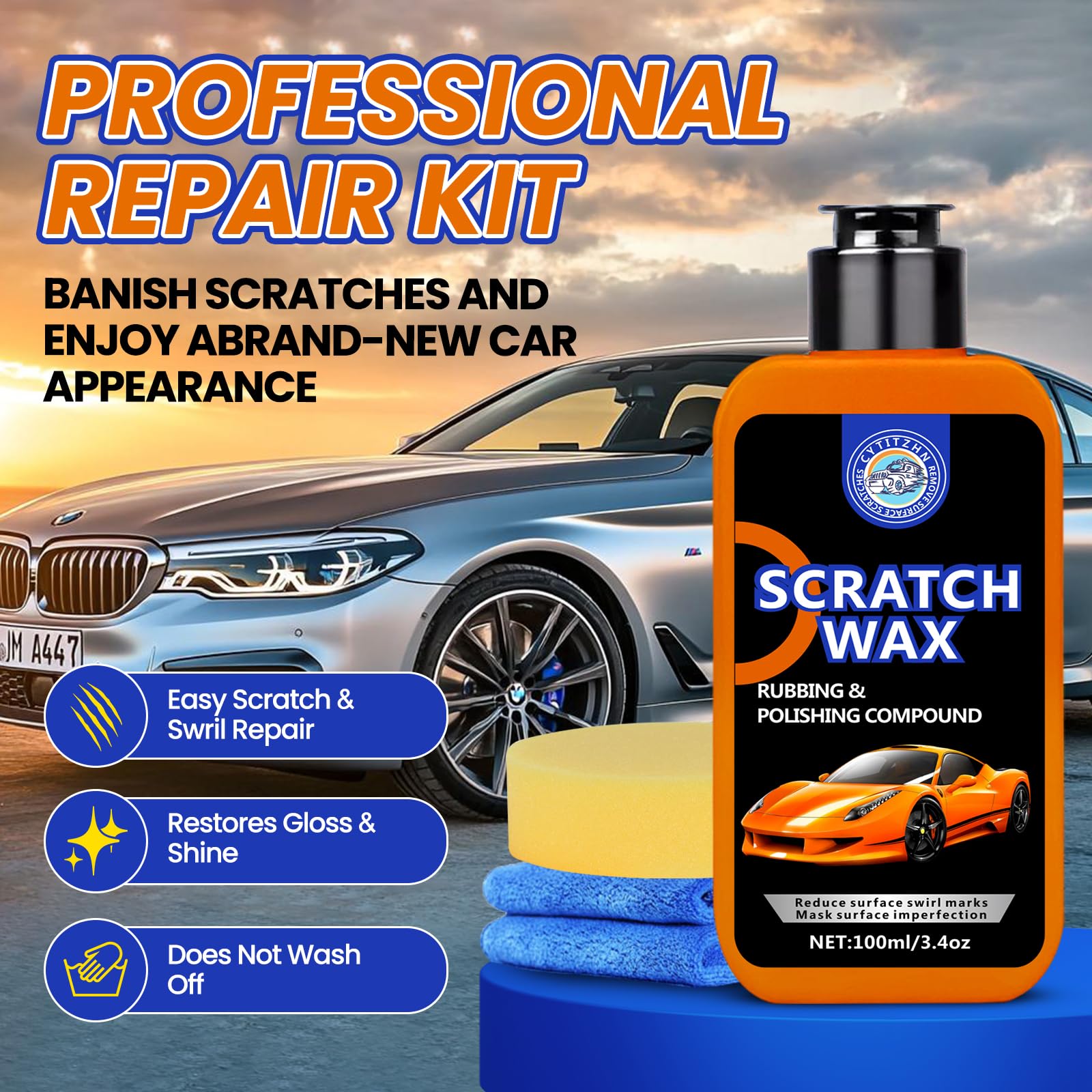Car Scratch Remover Removes Scratches Swirls And Scuffs With Wax Rubbing Compound With Buffer Pad And Microfiber Towel For Cars Motorcycles SUVs Trucks For Car Owners 3.4 Ounces - 2