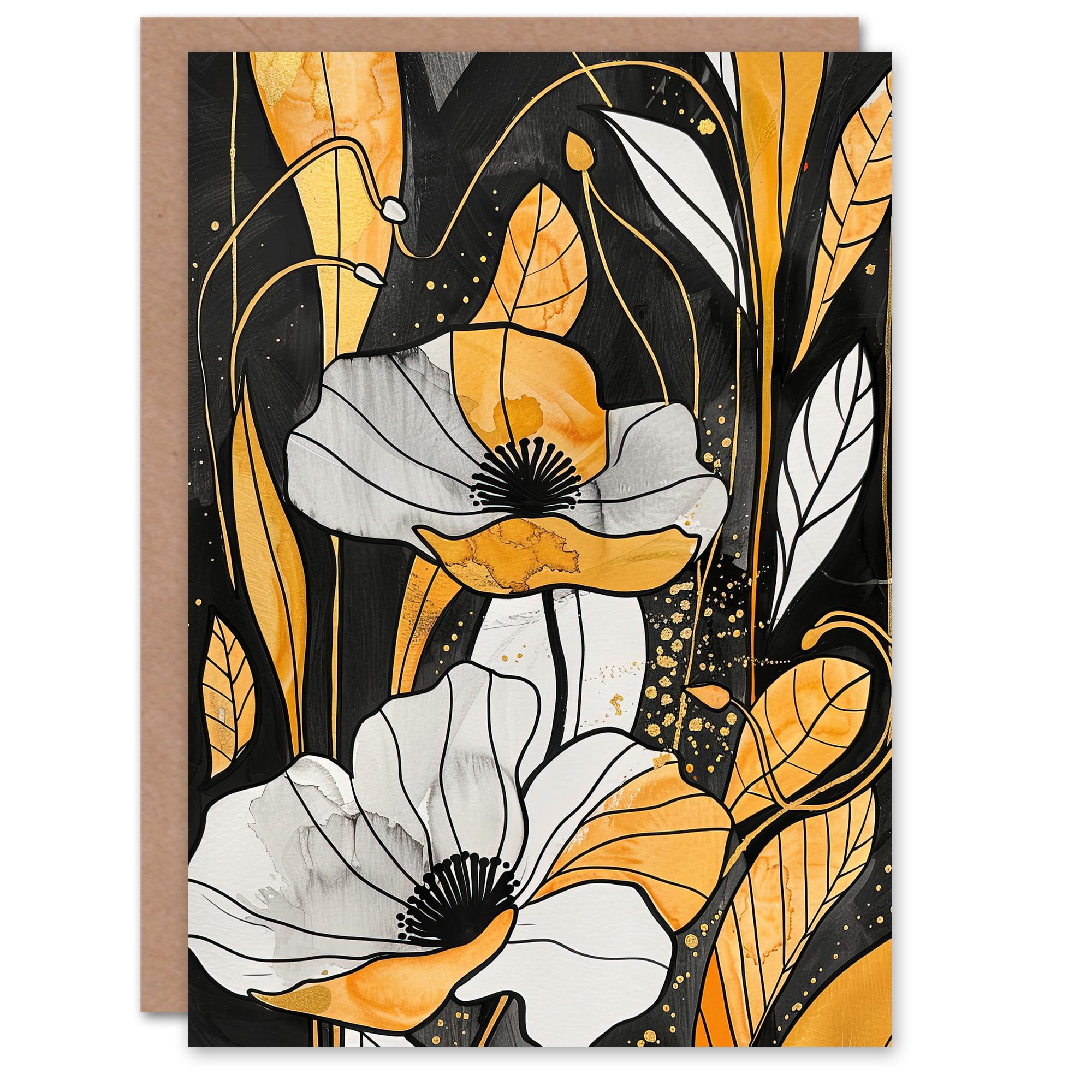 Artery8 Greeting Card Abstract Gold Black Poppy Flowers Floral Painting For Her Woman Birthday Card