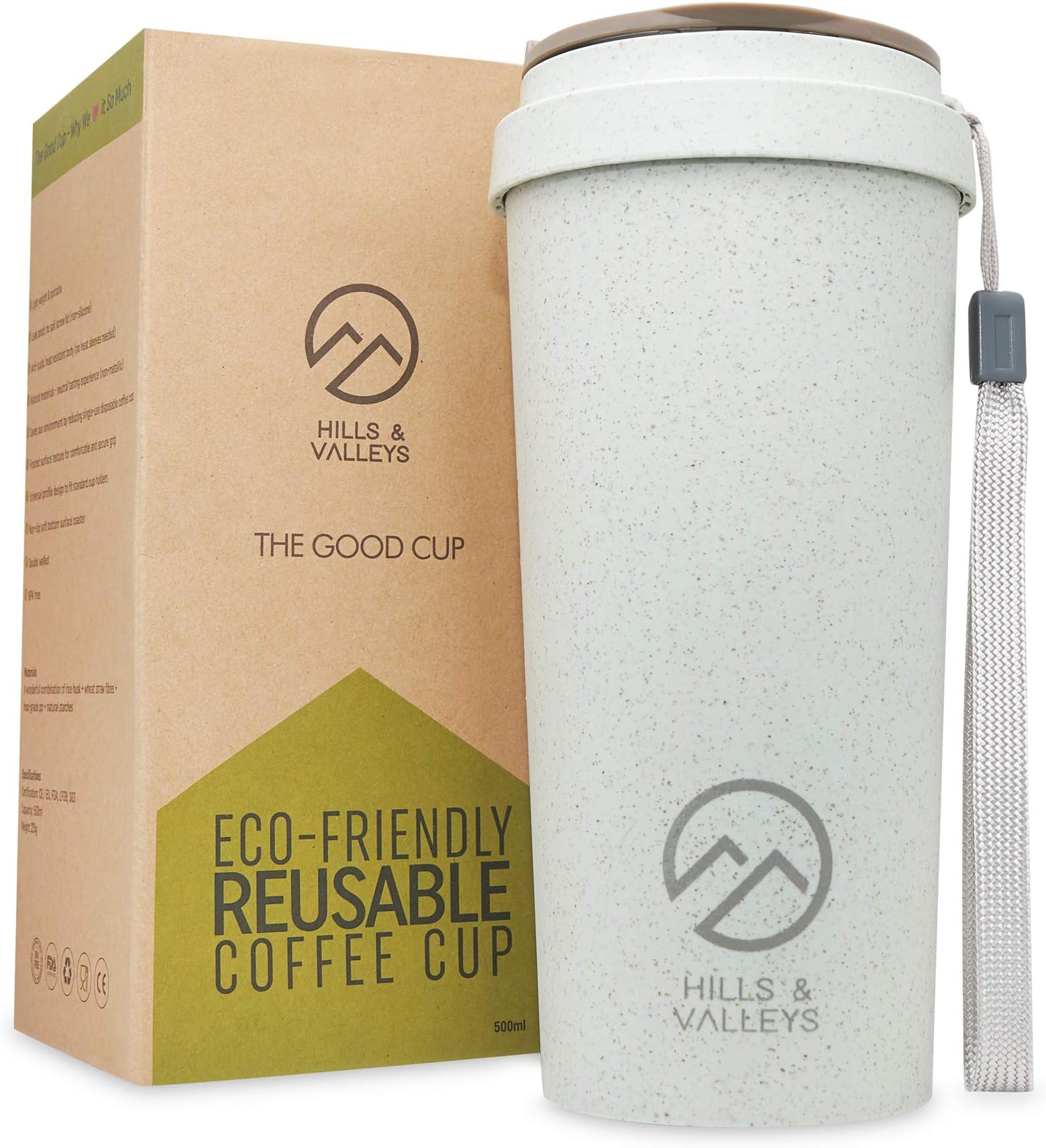 Hills & Valleys® | Reusable Coffee Cups | Eco Travel Mug with Lanyard | Made with Rice Husks | Double Walled Insulation | Easy Handling | On The Go - Take Away Mugs | 100% Recyclable - 450ml