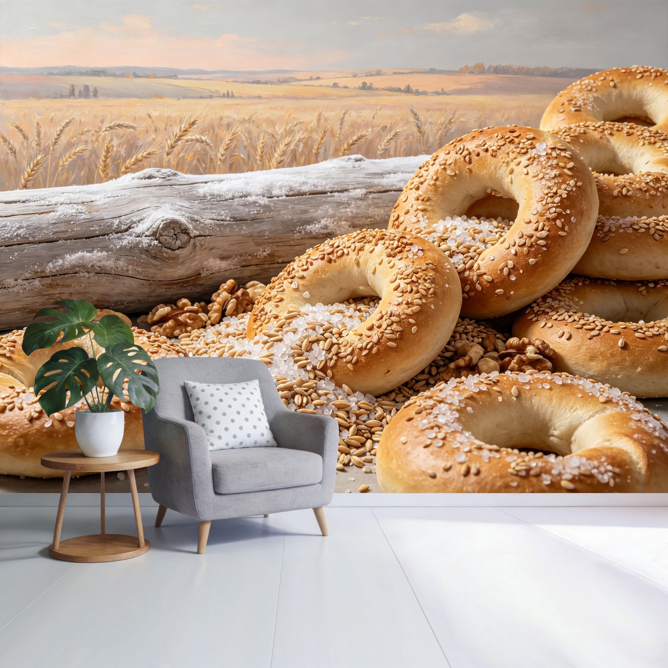 Custom Size Wall Mural Rustic Bread Bagels with Wheat Field Background Farmhouse Vintage Food Still Life SelfAdhesive Wall Fabric Removable Wallpaper for Home Office Decor