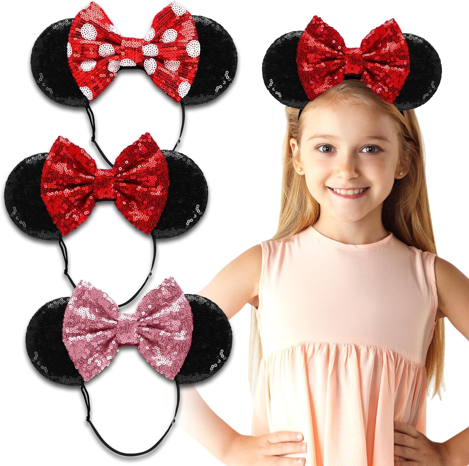 Minnie Ears Headbands, 3PCS Shiny Sequin Bow Elastic and Adjustable