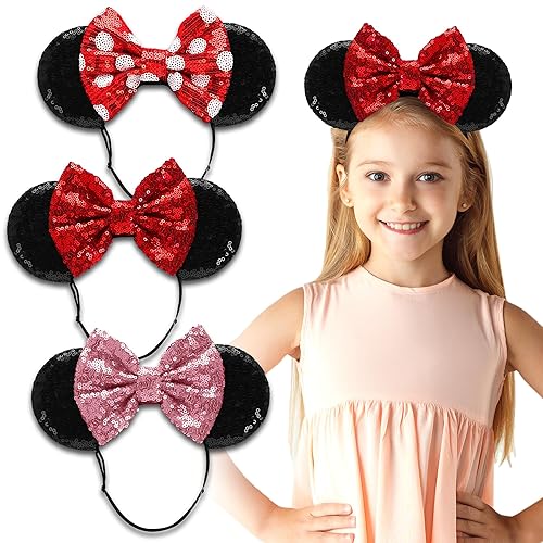 SAMARKAND Minnie Ears - 3 diademas de lentejuelas brillantes, diadema elástica y ajustable, sin dolor de cabeza, orejas de ratón para niñas, orejas