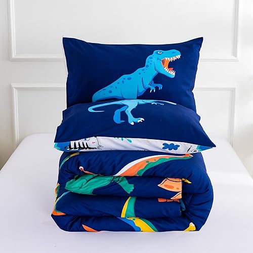 Miniatura 8 de A Nice Night - Juego de ropa de cama con estampado de dinosaurios en azul marino para niños, juego de edredón tamaño individual, ultrasuave con