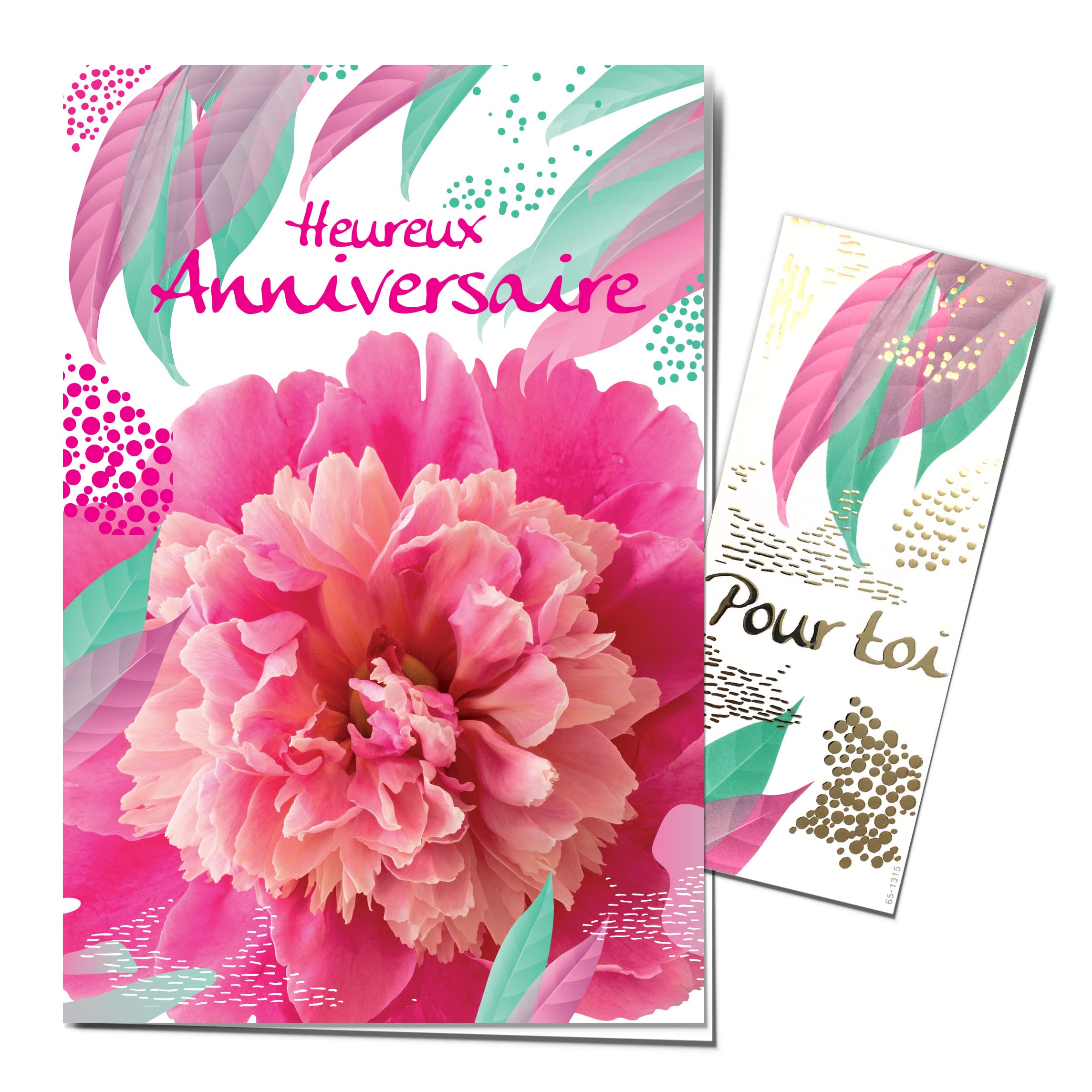 Afie 65-1315 Happy Birthday Card with Bookmark for You in Shiny Gold - Envelope Included - Made in France - Peony Flower Foliage