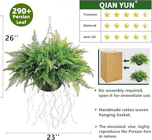 Vista 16 de QIANYUN Helecho falso para exteriores, paquete de 2 plantas artificiales de helecho colgante para exteriores, plantas de plástico resistentes a