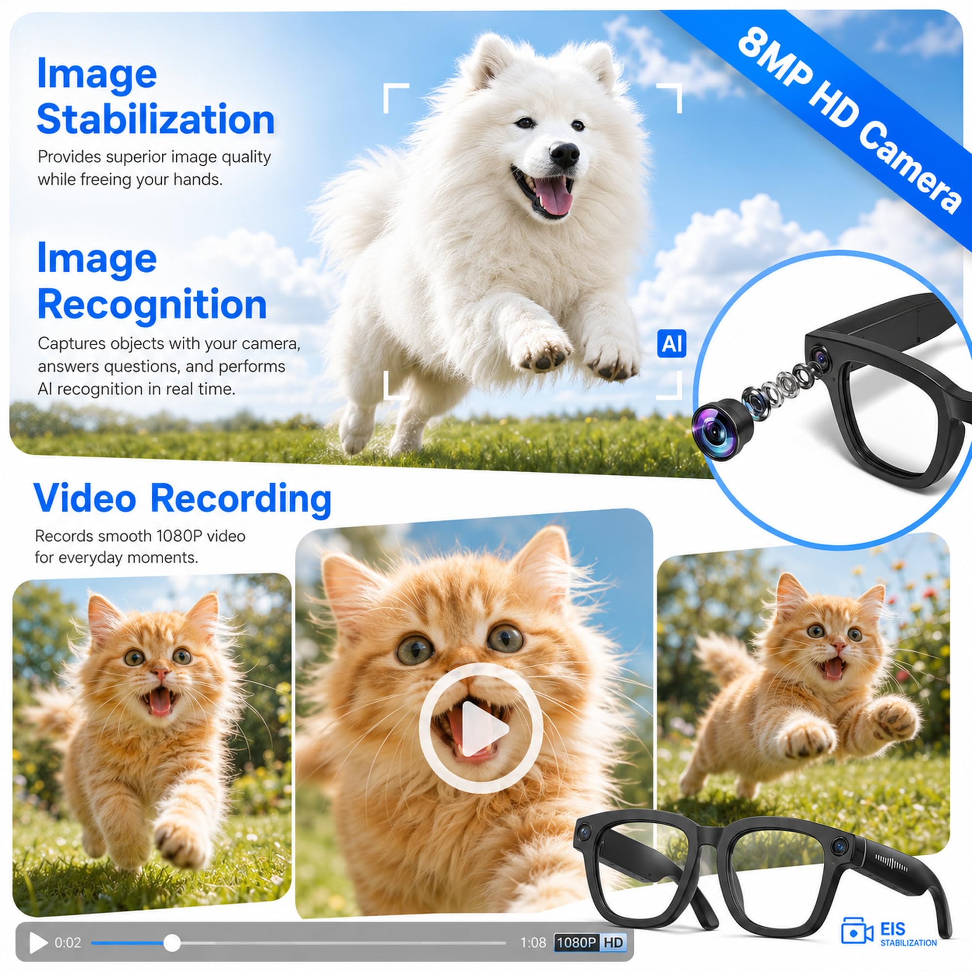 Occhiali con Telecamera HD 8MP, Video, Batteria 7 Giorno, Smart Glasses Ai | Traduzione in Tempo Reale/Riconoscimento di Oggetti/Assistente vocale, Occhiali Smart con Chiamate Bluetooth & WIFI, Musica