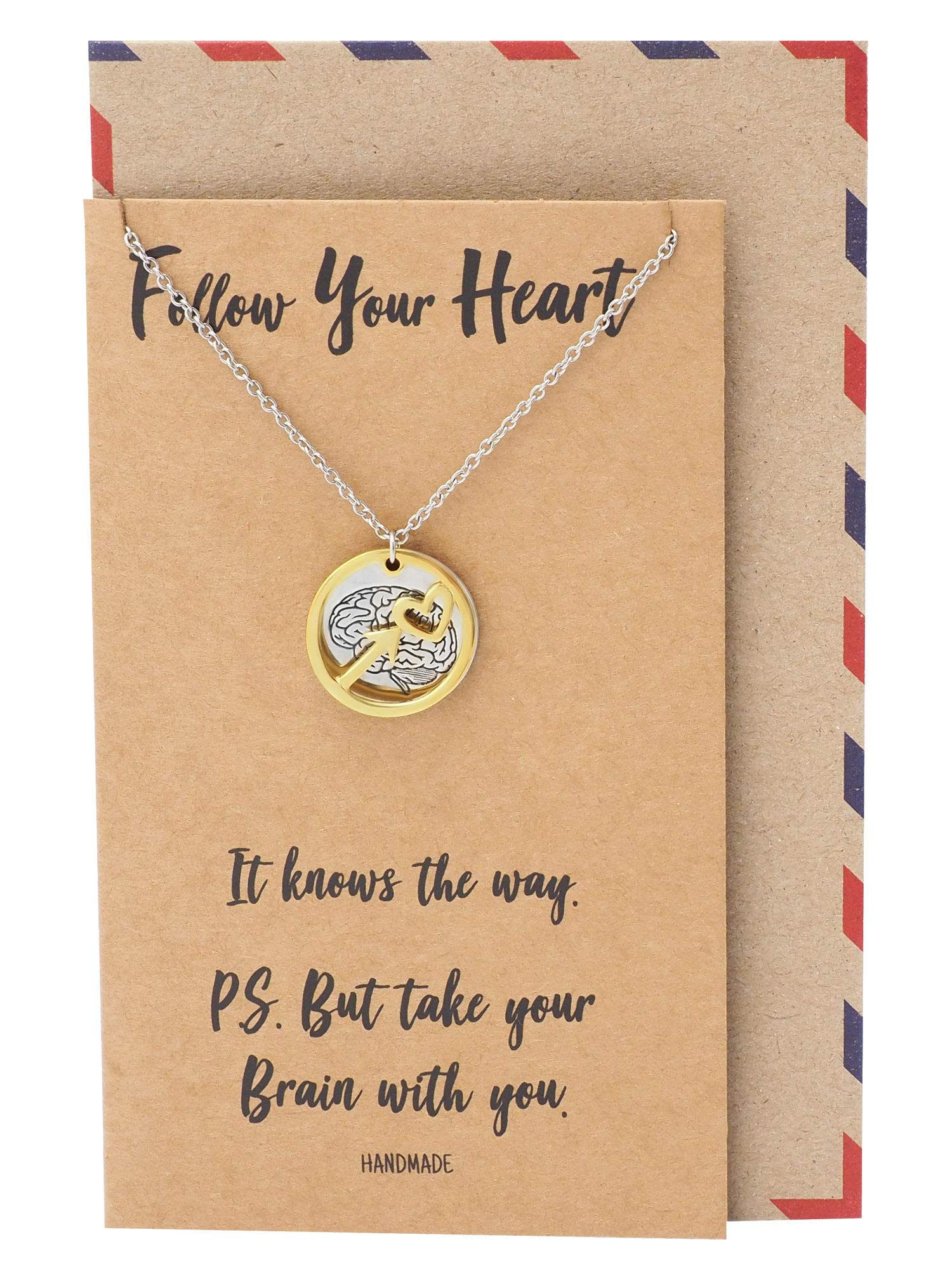 Quan JewelryHeart Arrow and Brain on Plate Pendant Necklace in Two-Tone, Gifts for Women with Inspirational Quote on Greeting Card