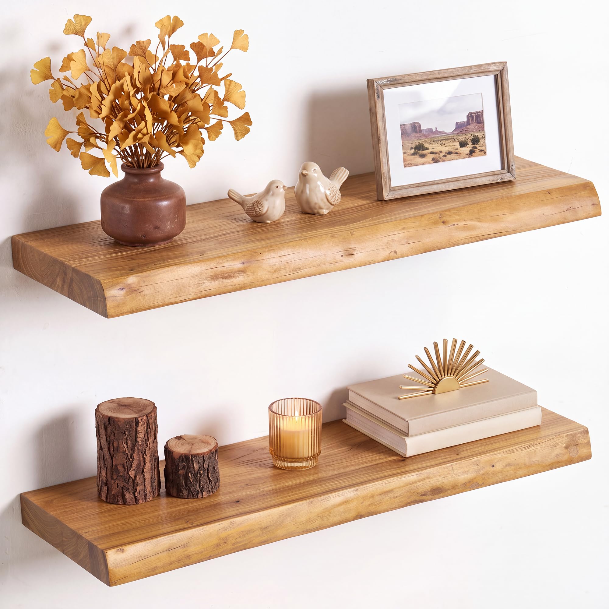 60cm Floating Shelves for Wall - 20cm Depth Live Edge Rustic Solid Elm Wood Floating Shelves Wall Mounted, Wall Shelves with Invisible Bracket for Living Room Bedroom Kitchen, 60x20x3.5(Natural, 2PCs)