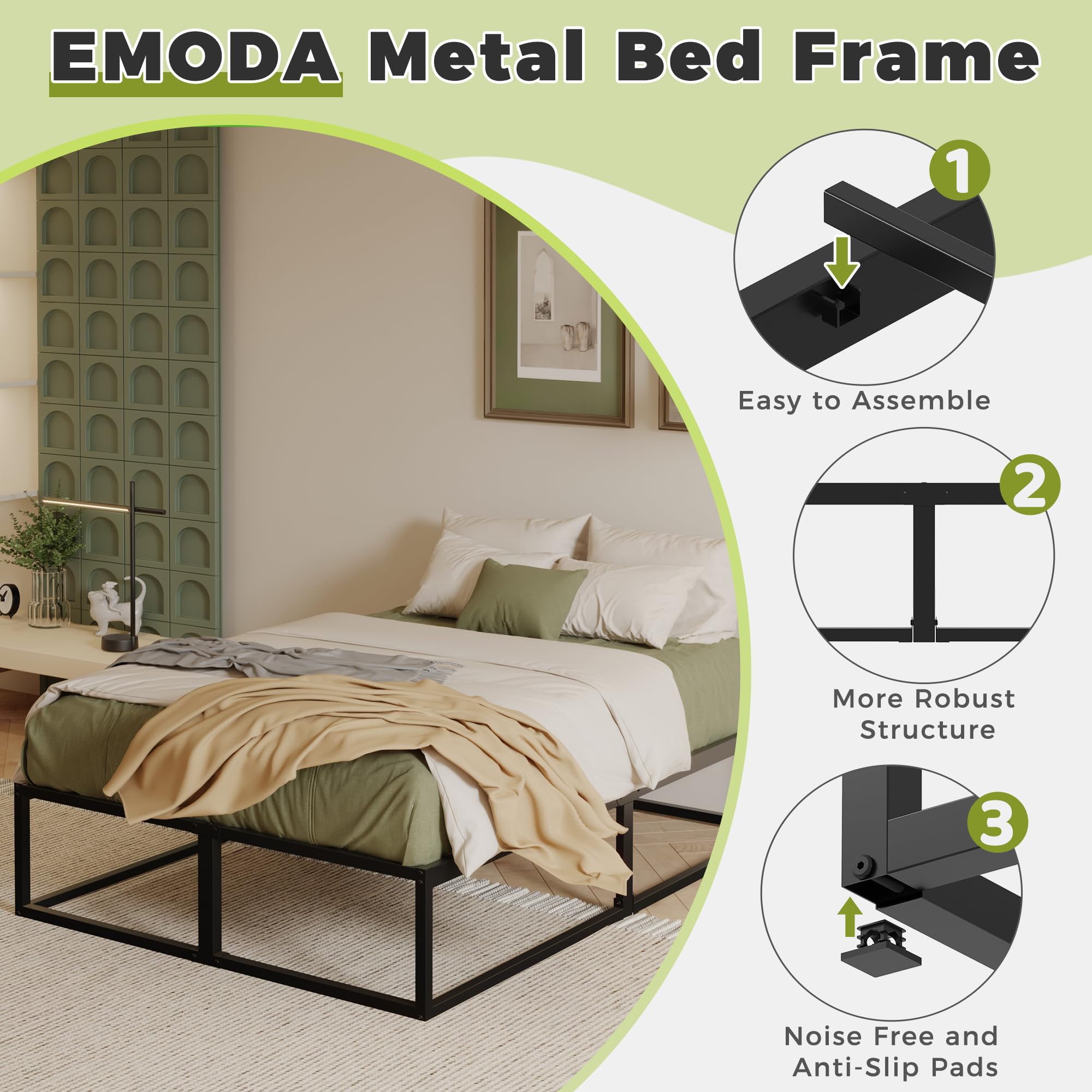 EMODA Bettgestell 180 x 200 cm mit lattenroste, 36cm hoch viel Stauraum, | Doppelbett viel Stauraum, Stabiles Metallbett, Einfache Montage, Geräuschlos, Schwarz