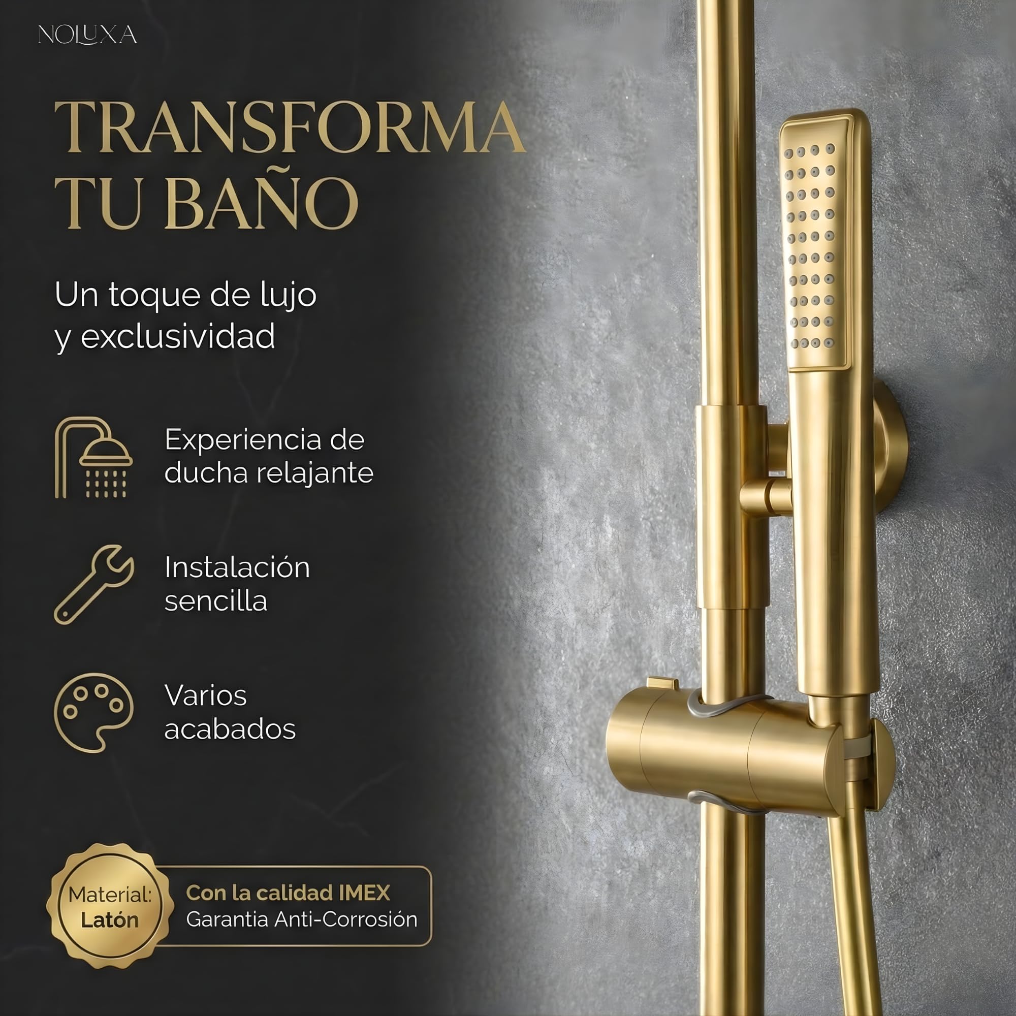 IMEX - Columna Ducha Oro Cepillado con Grifo | Conjunto de Ducha Monomando con Alcachofa y Rociador Antical | Griferia en Latón y Acero Inox S.304 con Barra Extensible | Serie Delos