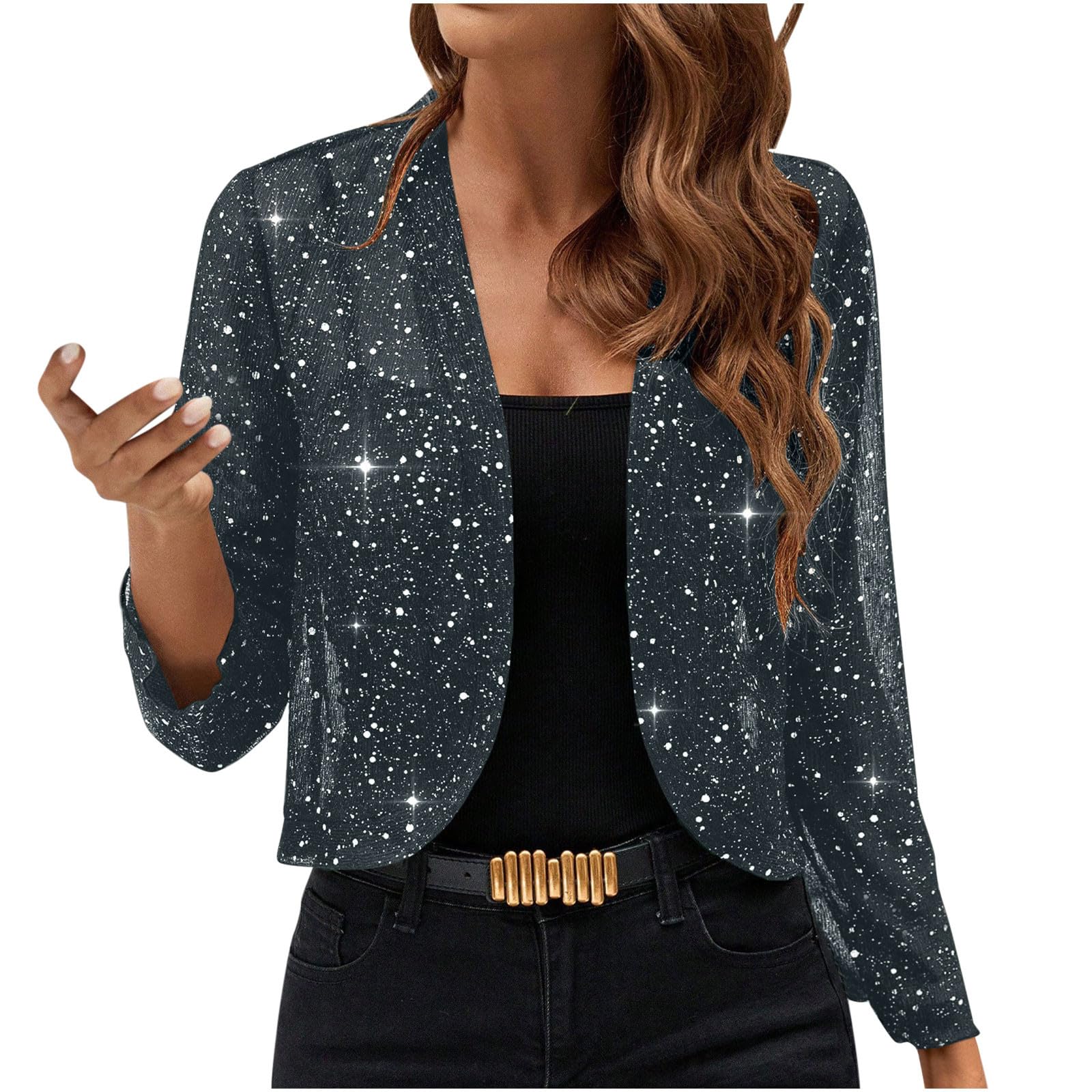 Womens Cropped Sequin Jackets Open Front Long Sleeve Cardigan Sweater Sparkling Bolero Shrugs for Evening Party