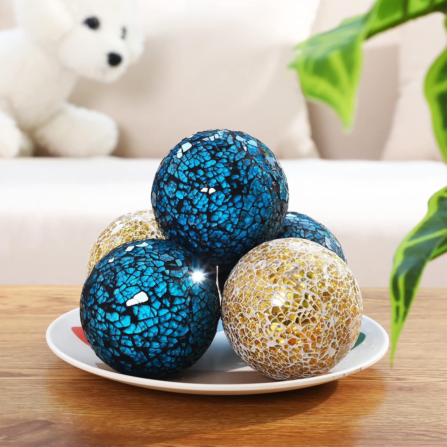 Honeydak 5 Pieces Glass Mosaic Sphere Decorative Balls for Centerpiece Bowls Turquoise Decorative Glass Balls Orbs Decorative Vases Fillers for Home Decoration Dining Table Bowls Tray