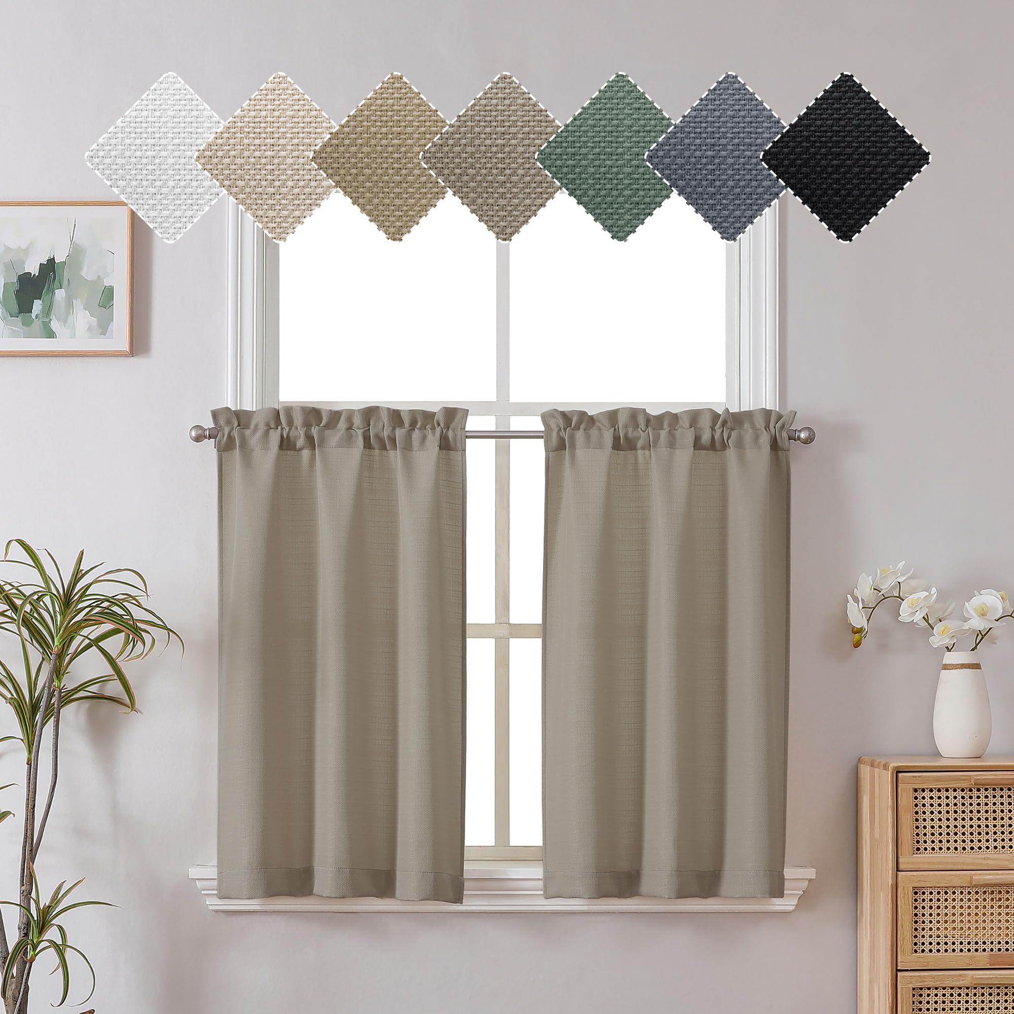 Chyhomenyc Curtains 30 Inch Length, Faux Linen Textured Small Cafe Curtains, Light Filtering Short Curtains for Bathroom Curtains Window, 30x30 Inch, 2PCS, Stone Beige