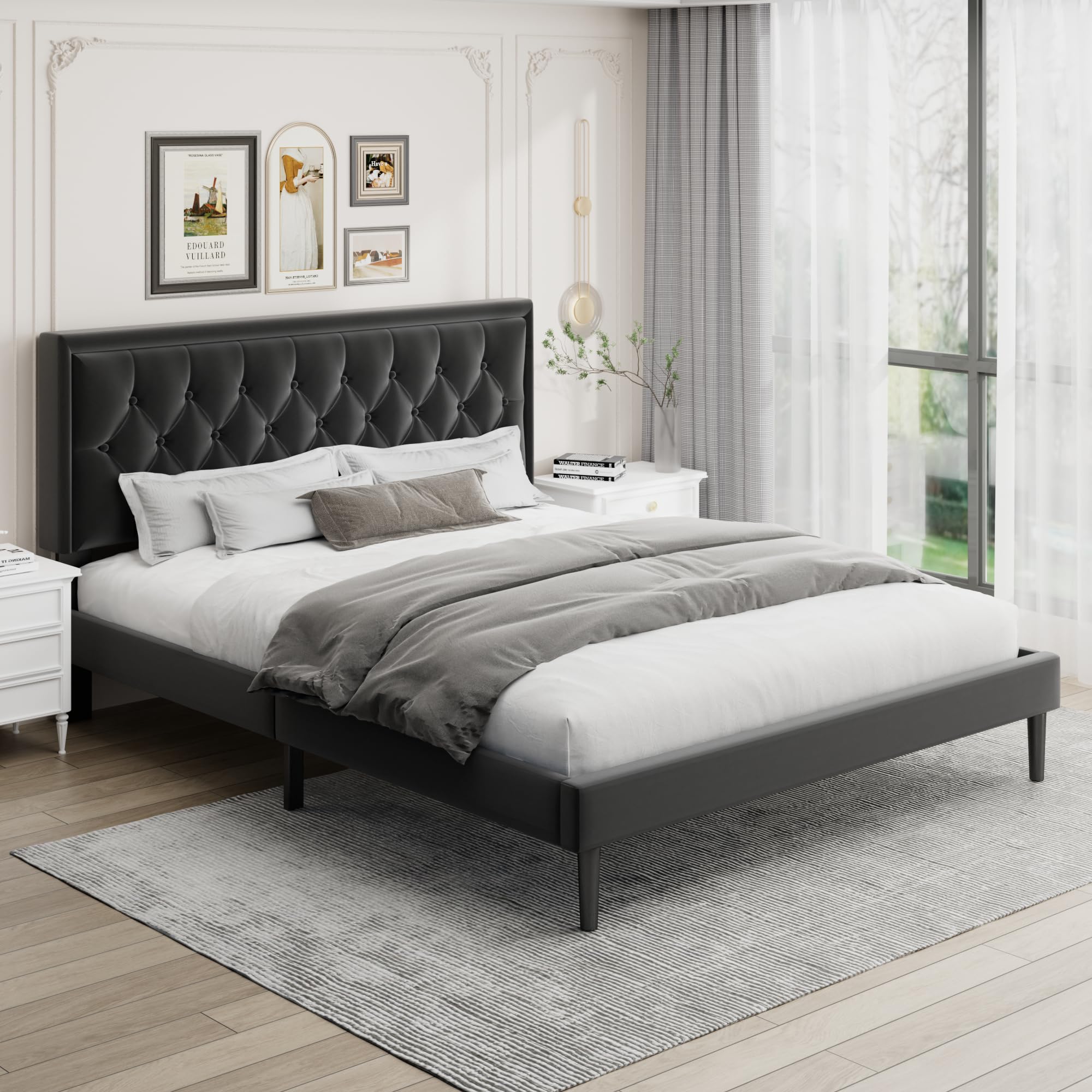King Size Bed Frame with Velvet Button Tufted Headboard, Modern Upholstered Platform Bed, Mattress Foundation, Easy Assembly, No Box Spring Needed, Black.
