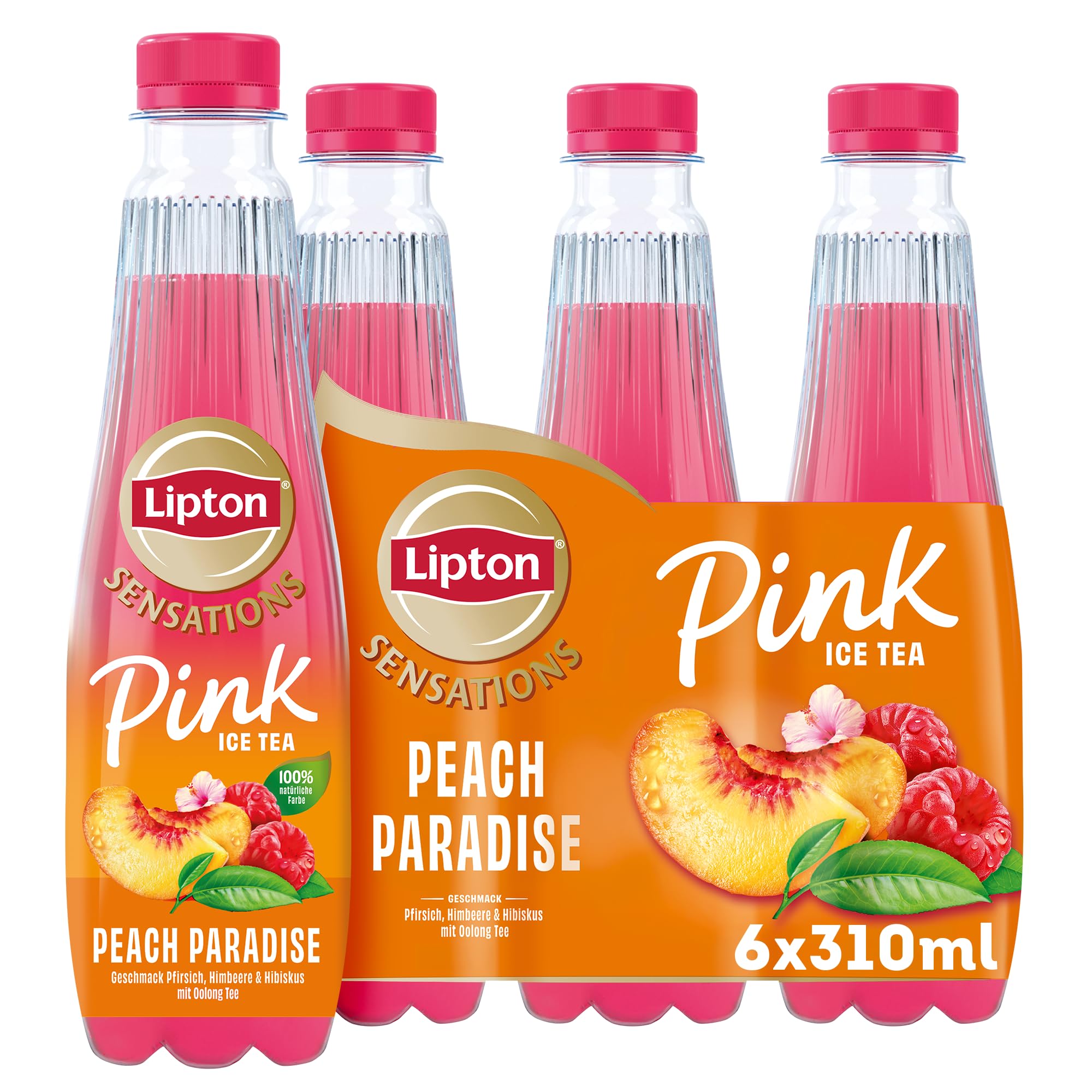 Lipton Sensations Peach Paradise Pink Ice Tea – Eistee mit Pfirsich, Himbeere & Hibiskus Geschmack, mit Oolong Tee, 6 x 0.31 l