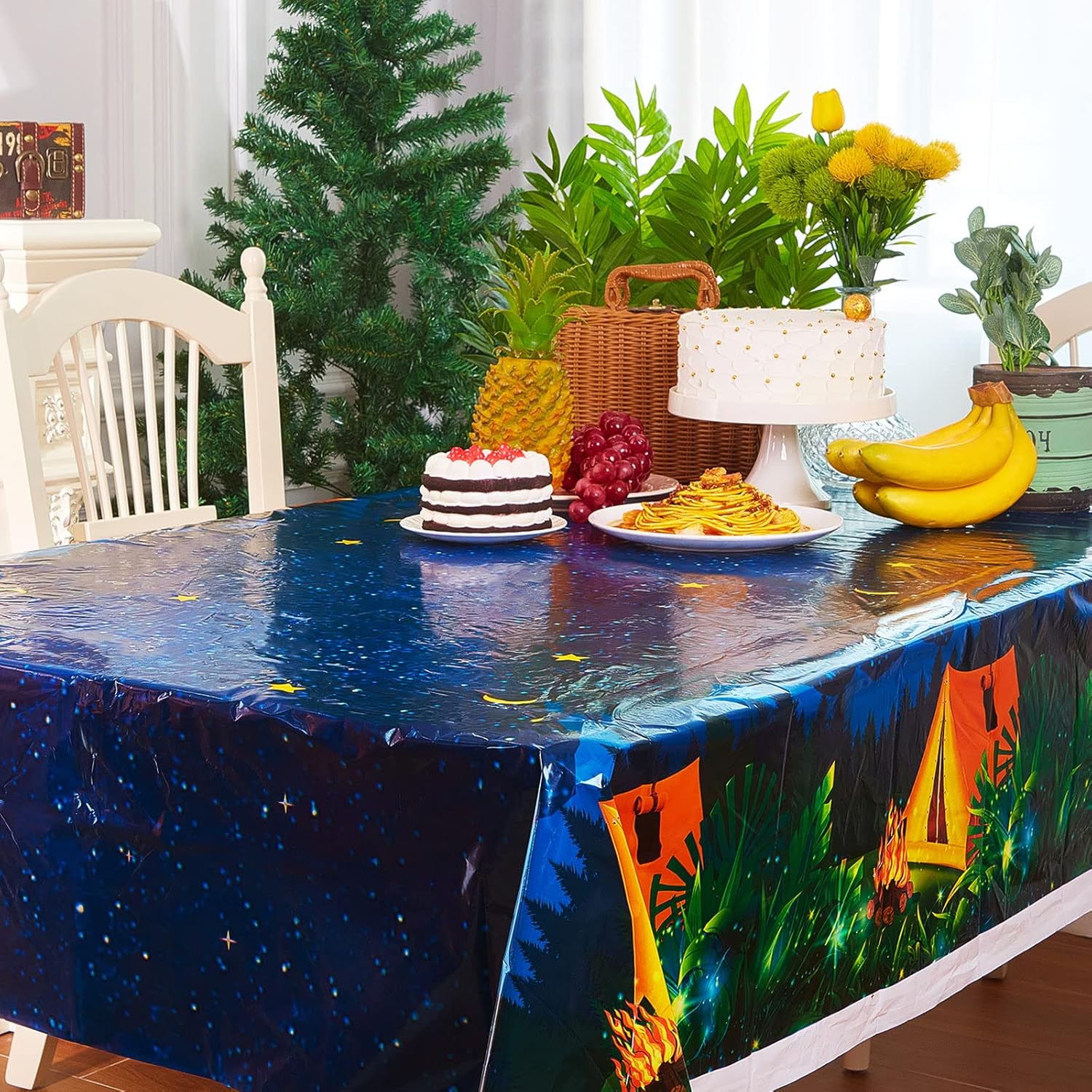 Jecery Camping Birthday Party Tablecloth Roll 54 in x 100 ft Waterproof Disposable Plastic Table Cover with Slide Cutter for Picnic Camping BBQ Birthday Outdoor Parties Decoration