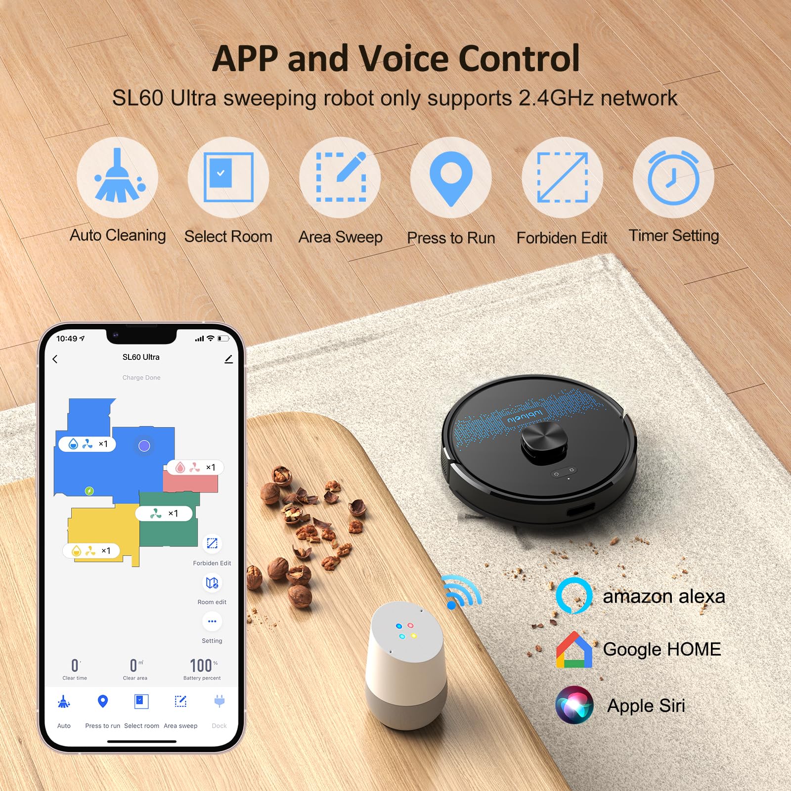 Lubluelu Robot Vacuum Cleaner and Mop Combo, SL60Ultra Robotic Vacuum, 150Mins Max, 56dB, 24 No-Go Zones for Pet Hair Carpets Floor