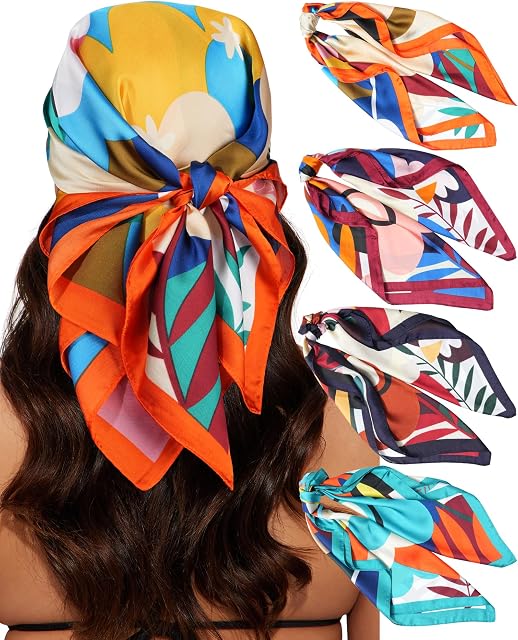 4 PCS 27.5 Inches Satin Head Scarf Silk Scarf for Women Lightweight Hair Bandanas Head Scarves Neck Scarf Hair Wrap